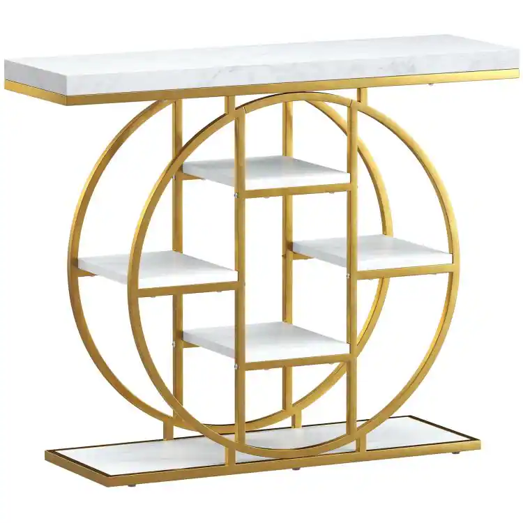 Front. PULUZ - 39.4 inch Console Table with Storage Shelves, Industrial Sofa Table for Living Room, Hallway - White Marble Effect.