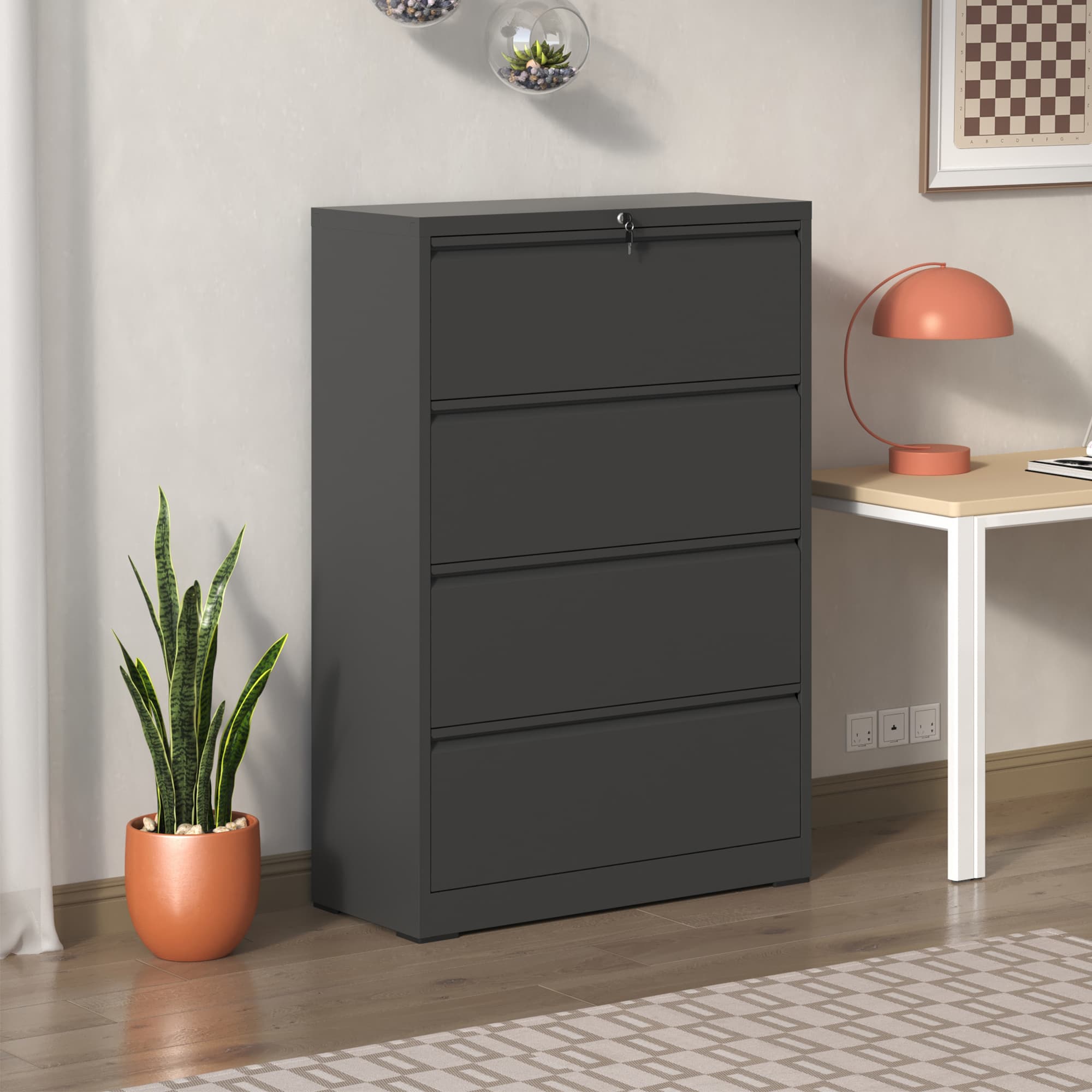 Left. Lycvki - 4-Drawer Lockable Black Lateral File Cabinet - Legal/Letter/A4/F4 Size - Black.