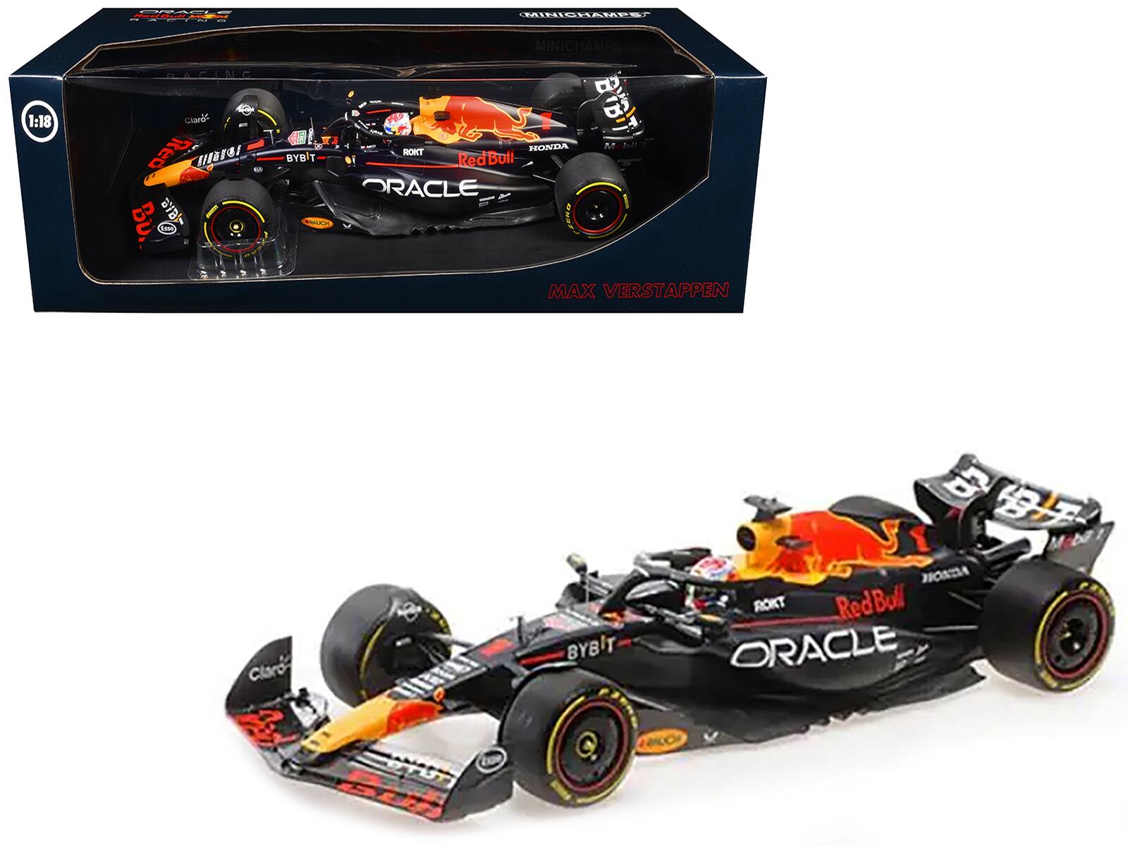 MINICHAMPS  
1:18  
Red Bull Racing  
MAX VERSTAPPEN  
Red Bull  
Oracle  
Honda  
BYBIT  
Claro  
ROKT  
Pirelli
