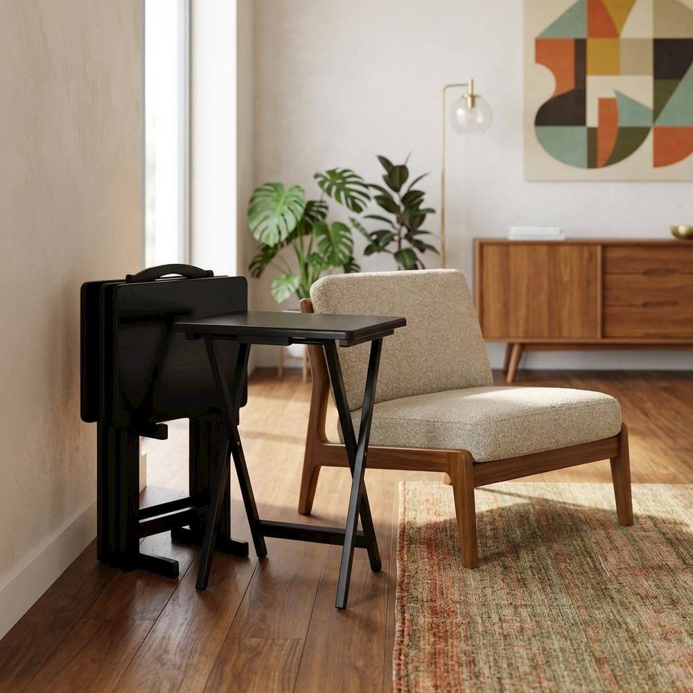 Alt View 4. FurniFact - Solid Wood TV Trays Set Of 4 With Storage Rack in Black Finish - Black.