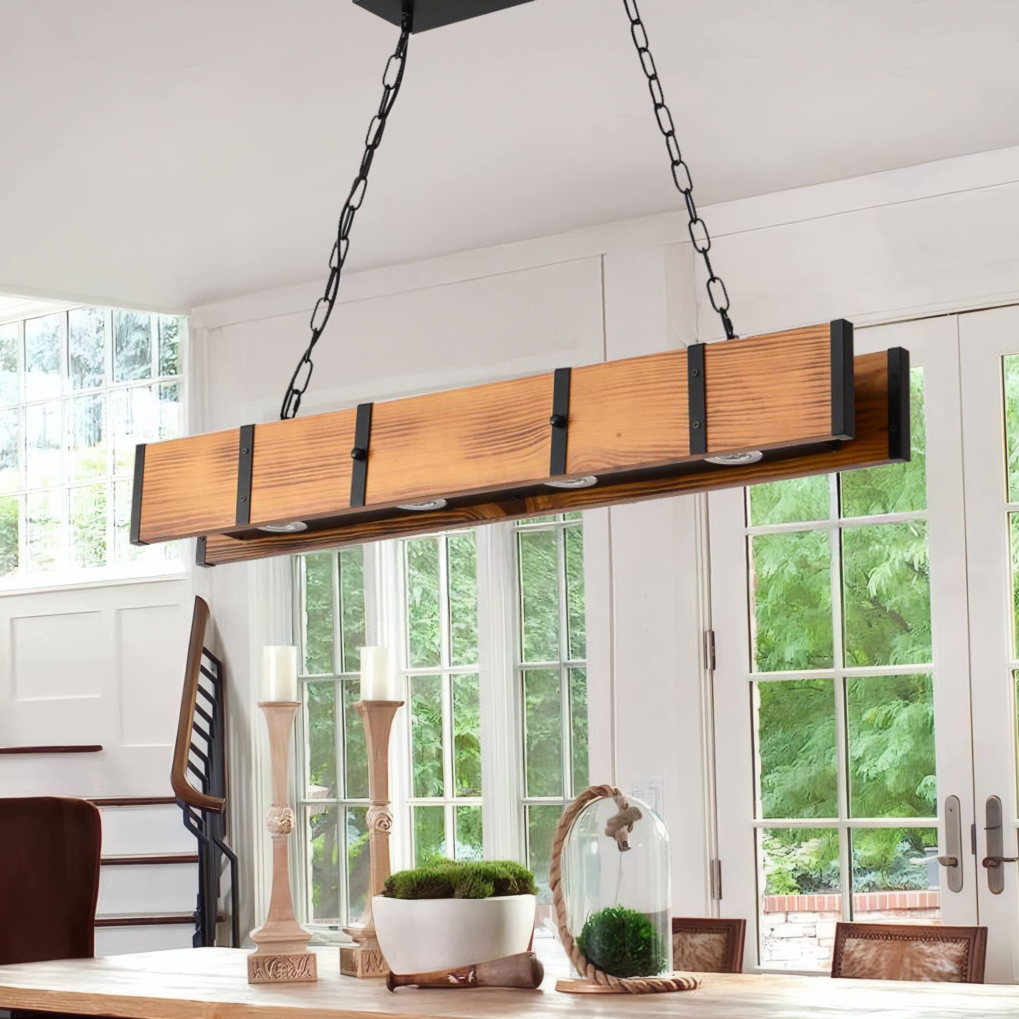 RYHNUYNE - 39.37" Rectangular Kitchen Island Lighting,Farmhouse Linear Chandelier, Rustic Dining Room Light Fixture Over Table - Wood