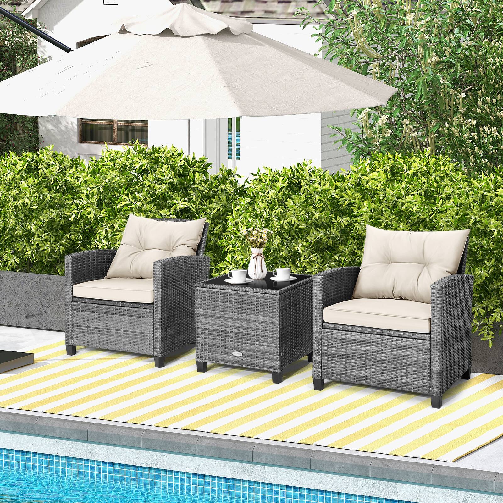 Alt View 4. Costway - Costway 3PCS Patio Rattan Furniture Bistro Set Cushioned Sofas Side Table Armrest - MiX Gray + Beige.