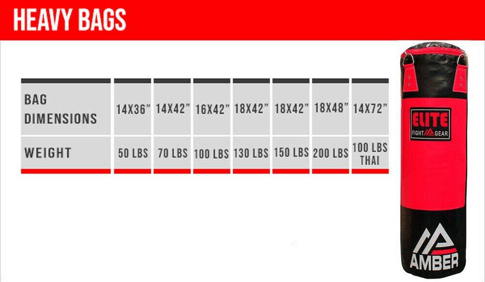 HEAVY BAGS

BAG DIMENSIONS | WEIGHT
14X36" | 50 LBS
14X42" | 70 LBS
16X42" | 100 LBS
18X42" | 130 LBS
18X48" | 150 LBS
14X72" | 200 LBS

THAI ELITE FIGHT GEAR AMBER