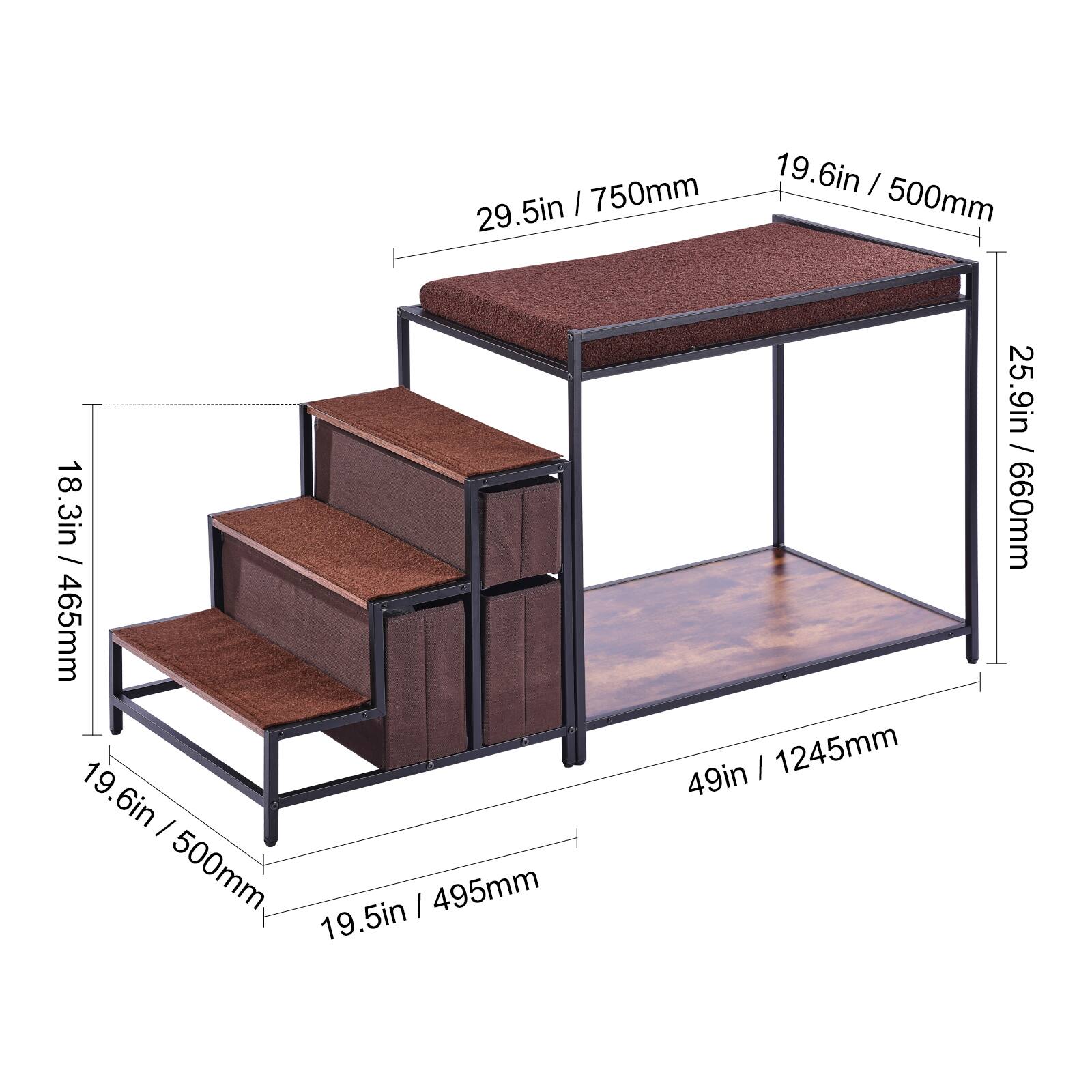 - 29.5in / 750mm
- 19.6in / 500mm
- 18.3in / 465mm
- 19.5in / 495mm
- 49in / 1245mm
- 25.9in / 660mm