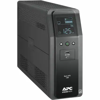 Front. APC - Back-UPS Pro, 1350VA/810W, Tower, 10 Outlets, LCD Display, USB-C + USB-A ports - Black.