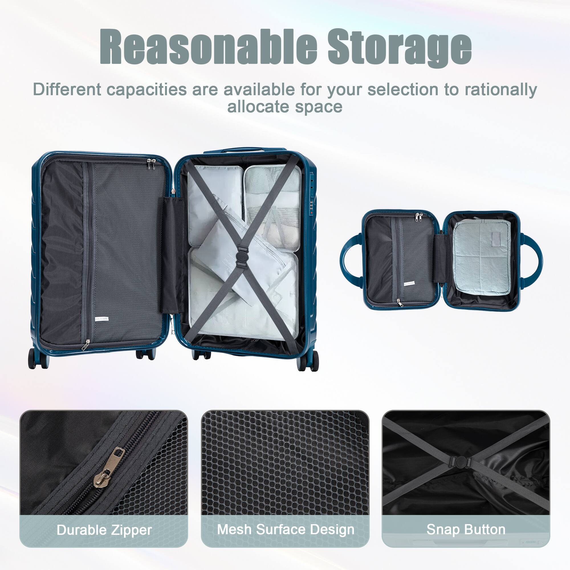 Reasonable Storage  
Different capacities are available for your selection to rationally allocate space

Durable Zipper  
Mesh Surface Design  
Snap Button