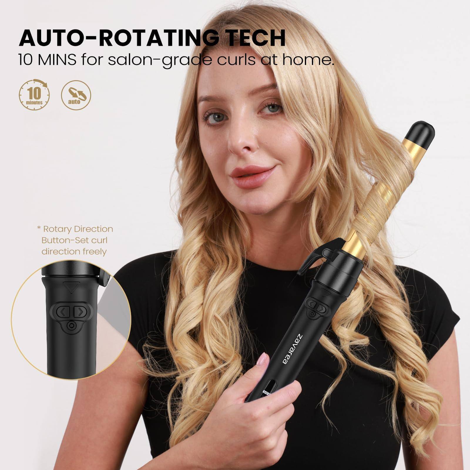 AUTO-ROTATING TECH  
10 MINS for salon-grade curls at home.  

* Rotary Direction  
Button-Set curl direction freely