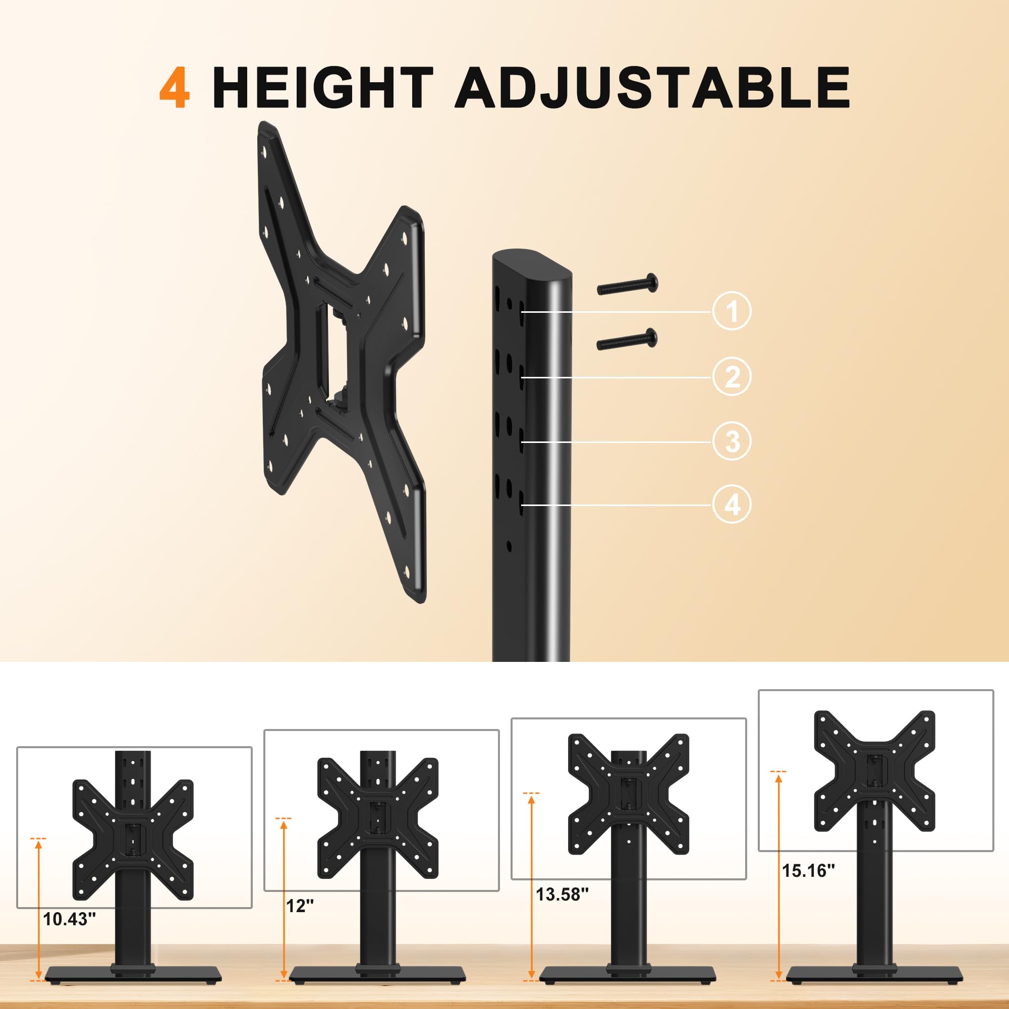4 HEIGHT ADJUSTABLE

1. 10.43"
2. 12"
3. 13.58"
4. 15.16"