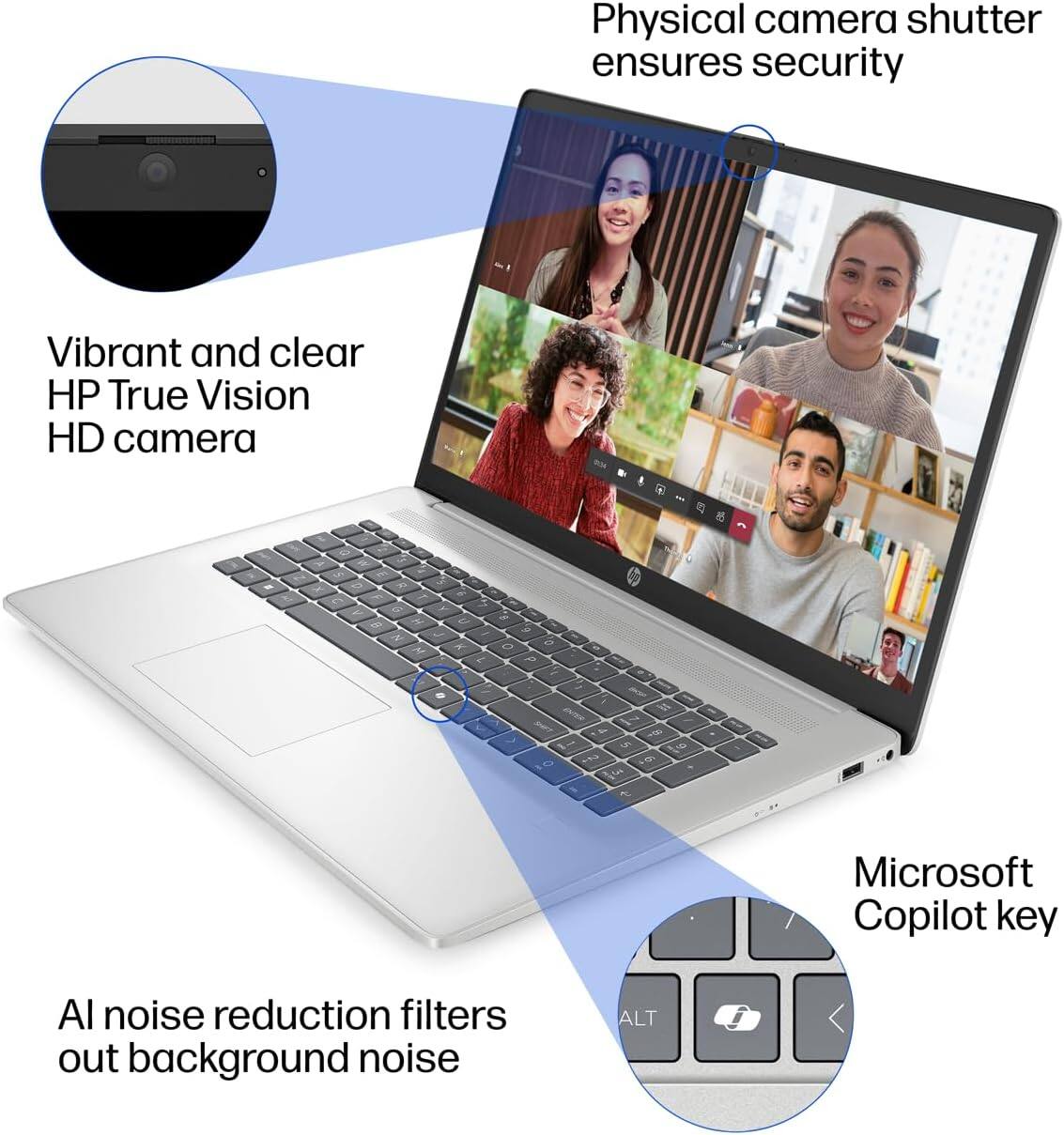 Physical camera shutter ensures security  
Vibrant and clear HP True Vision HD camera  
AI noise reduction filters out background noise  
Microsoft Copilot key
