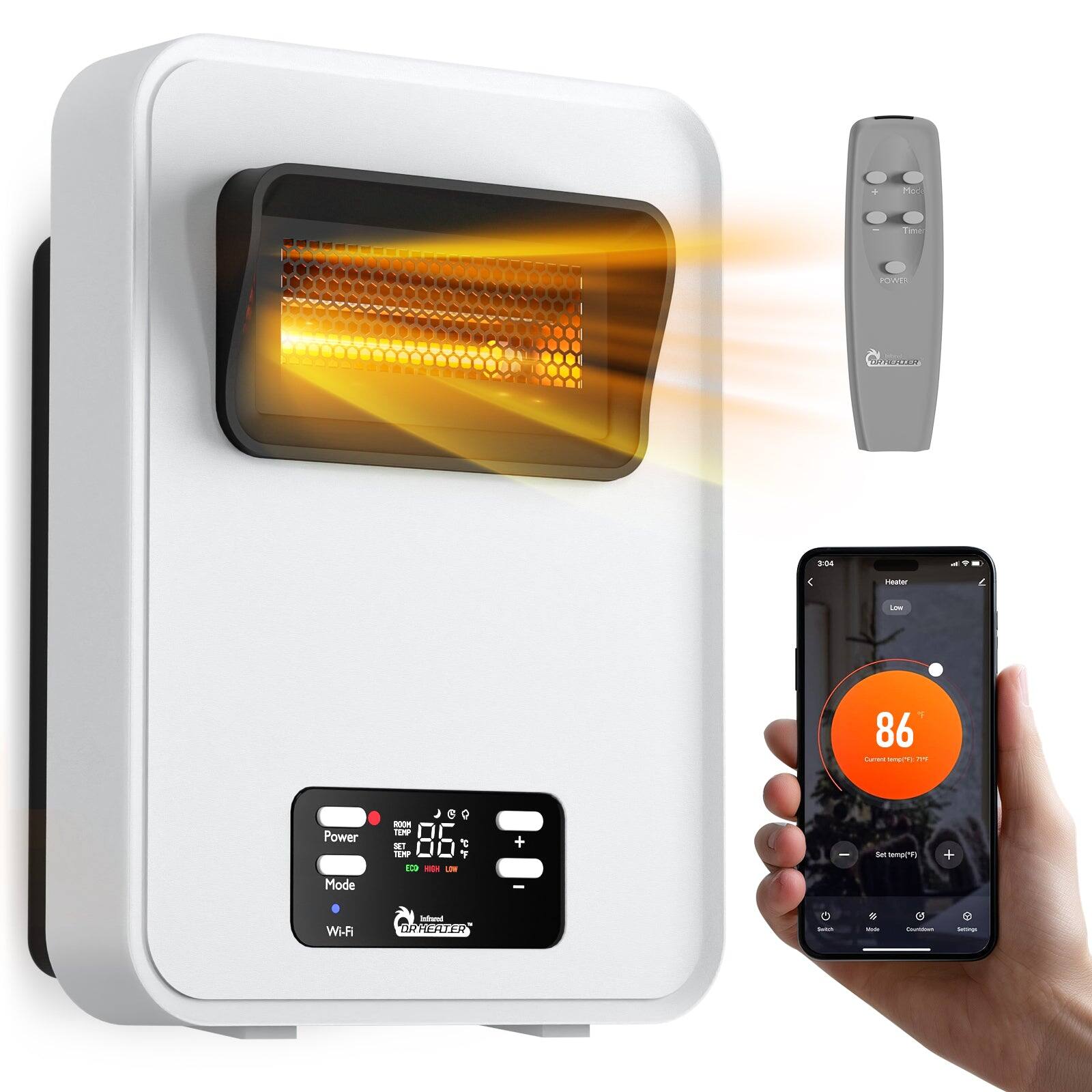 DR. INFRARED HEATER - DR-908W Infrared Heater with WiFi, 1500W Wall Mounted Electric Heater for Indoor Use, Energy Saving PTC Quartz - White