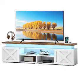 Skyzoo - TV Stand for with LED Lights & Power Outlets, Farmhouse Entertainment Center, up to 80" TVs - White