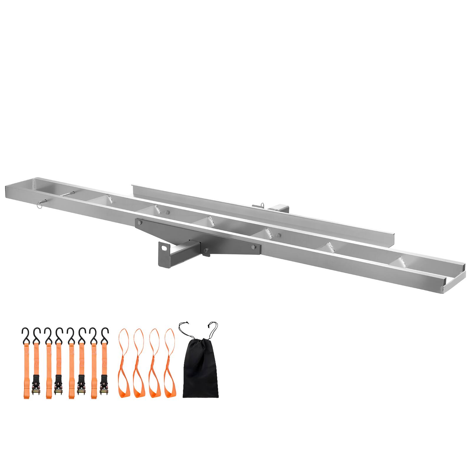 Front. VEVOR - Motorcycle Carrier, 400 lbs Capacity, Heavy Duty Aluminum Hitch Mount Rack with 47in Loading Ramp, Straps & Stabilizer - Silver-white.