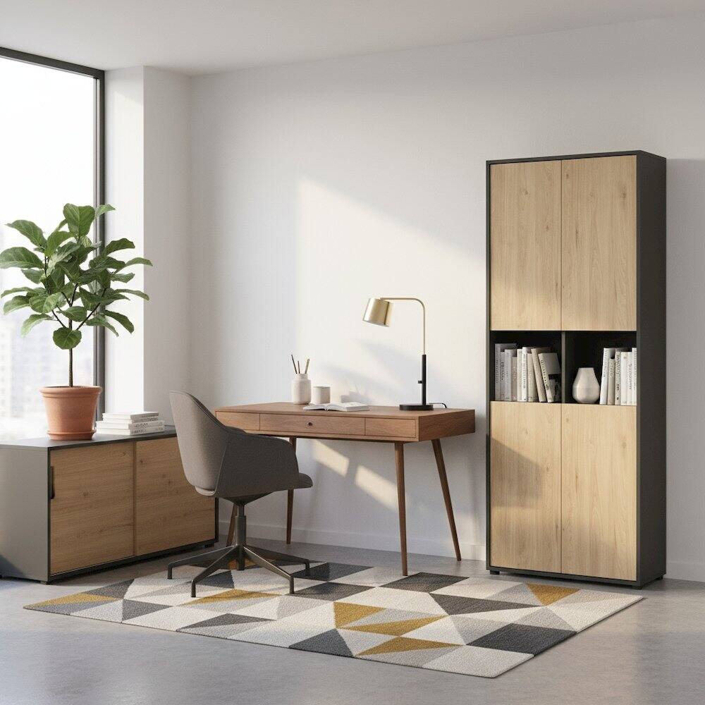 Angle. FurniFact - 6-Shelf Bookcase with 4 Doors and Adjustable Storage Shelves - Gray.
