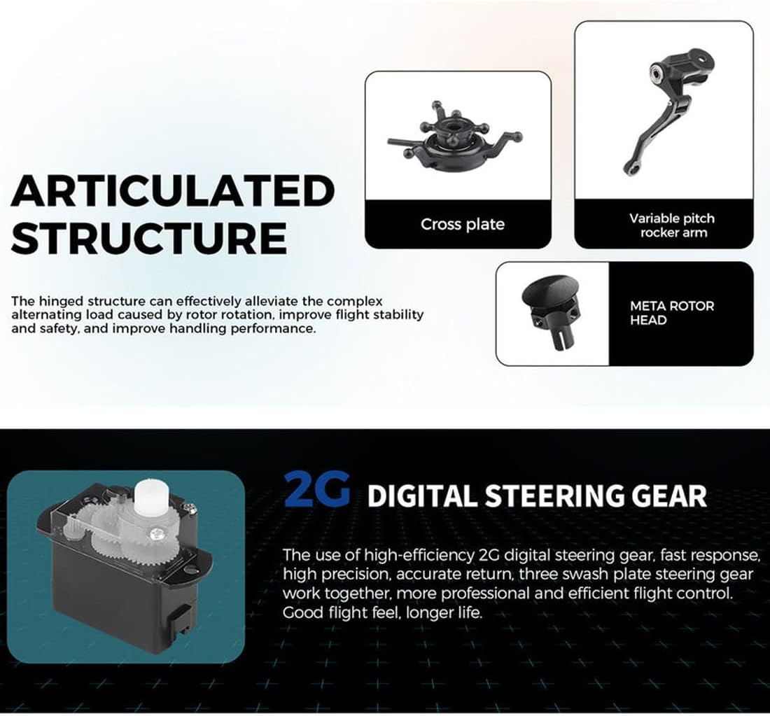 ARTICULATED STRUCTURE

The hinged structure can effectively alleviate the complex alternating load caused by rotor rotation, improve flight stability and safety, and improve handling performance.

Cross plate
Variable pitch rocker arm
META ROTOR HEAD

2G DIGITAL STEERING GEAR

The use of high-efficiency 2G digital steering gear, fast response, high precision, accurate return, three swash plate steering gear work together. More professional and efficient flight control. Good flight feel. Longer life.