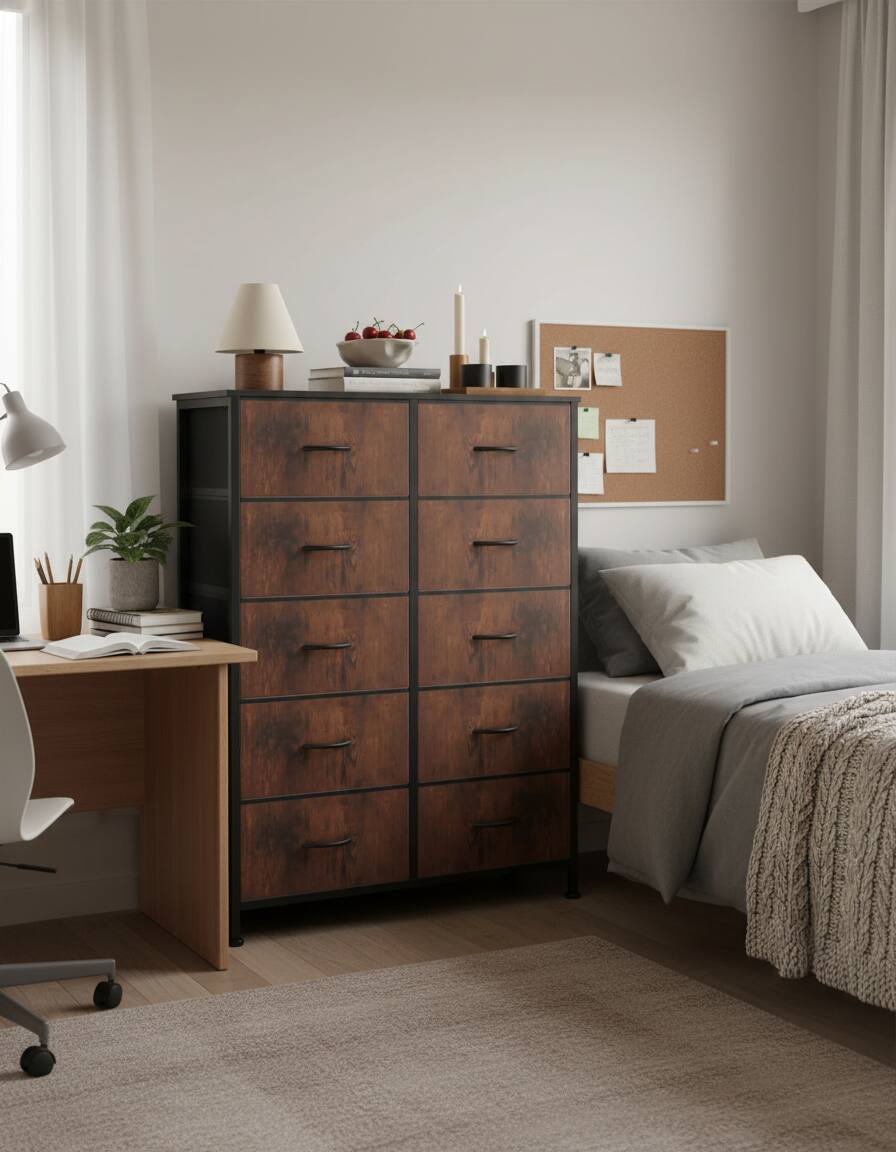 Angle. AOITUN - 10 Drawer Fabric Dresser Storage Tower - Durable, Versatile, and Spacious Organizer for Bedroom - brown.