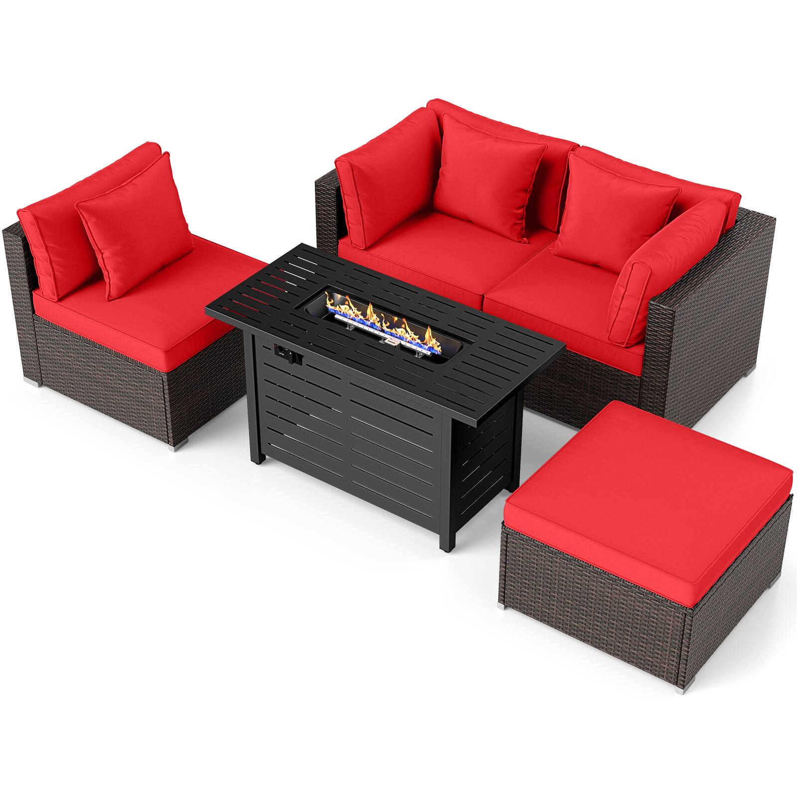 Alt View 6. Gymax - Gymax Set of 5 Patio Furniture Set Heavy-duty Frame Sofa Set w/ 60000 BTU Firepit Table Red - Red.