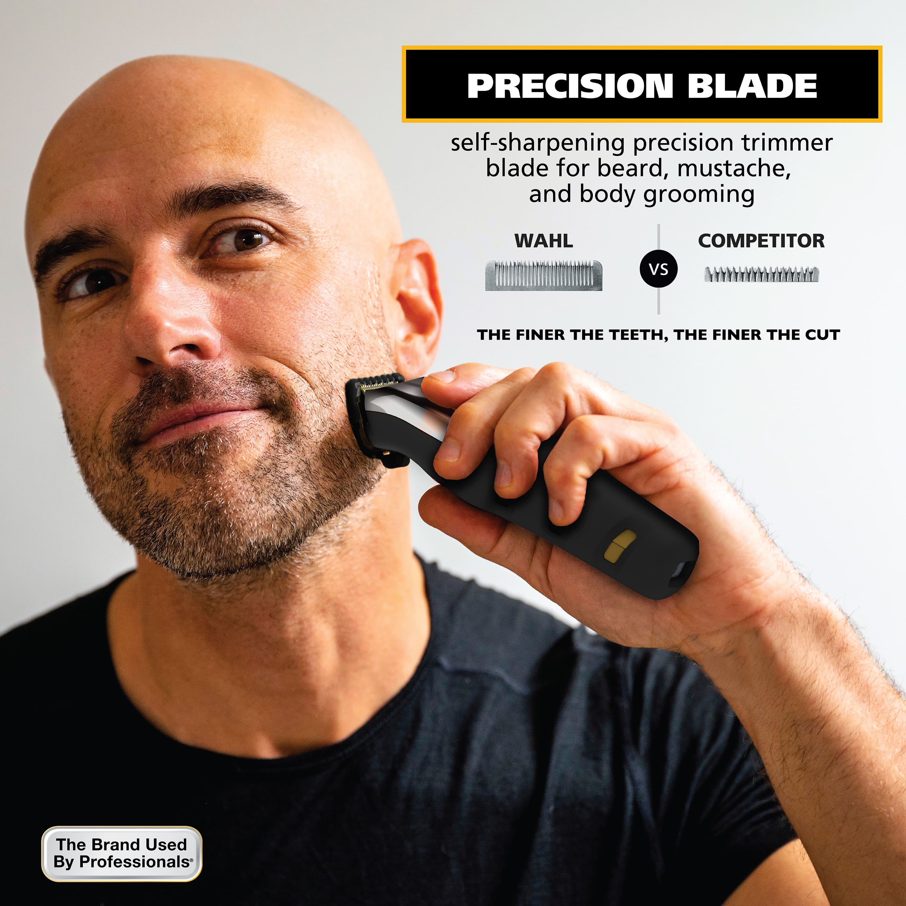 PRECISION BLADE self-sharpening precision trimmer blade for beard, mustache, and body grooming WAHL COMPETITOR vs Lw THE FINER THE TEETH, THE FINER THE CUT The Brand Used By Professionals
