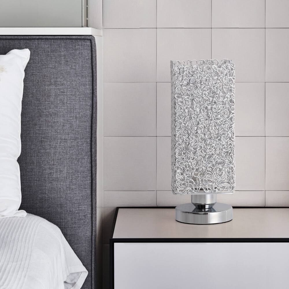 Alt View 1. Oumilen - Silver Square Table Lamp with Aluminum Wire Shade, E26 Socket & UL Plug.