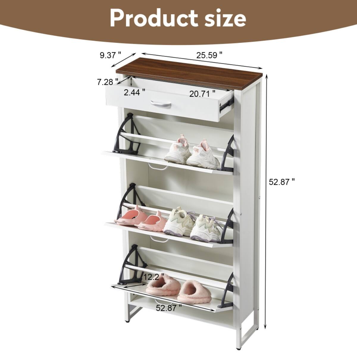 Product size

- Width: 25.59"
- Depth: 20.71"
- Height: 52.87"
- Top shelf: 9.37" (width) x 7.28" (depth) x 2.44" (height)
- Shelf spacing: 12.2"