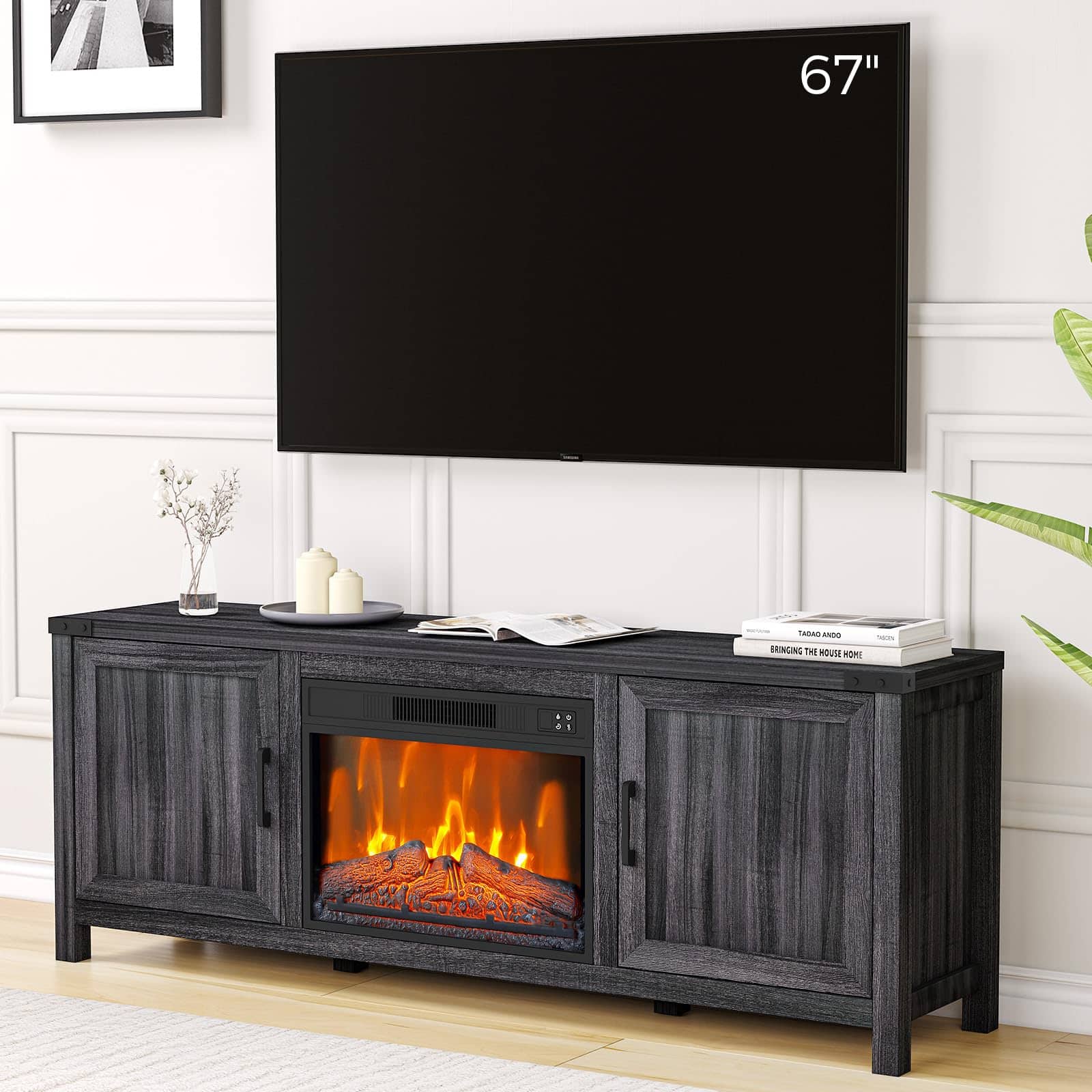 GARVEE - Electric Fireplace TV Stand for Living Room, 67" Entertainment Center with 23" Fireplace Heater, Fits 80 Inch TVs