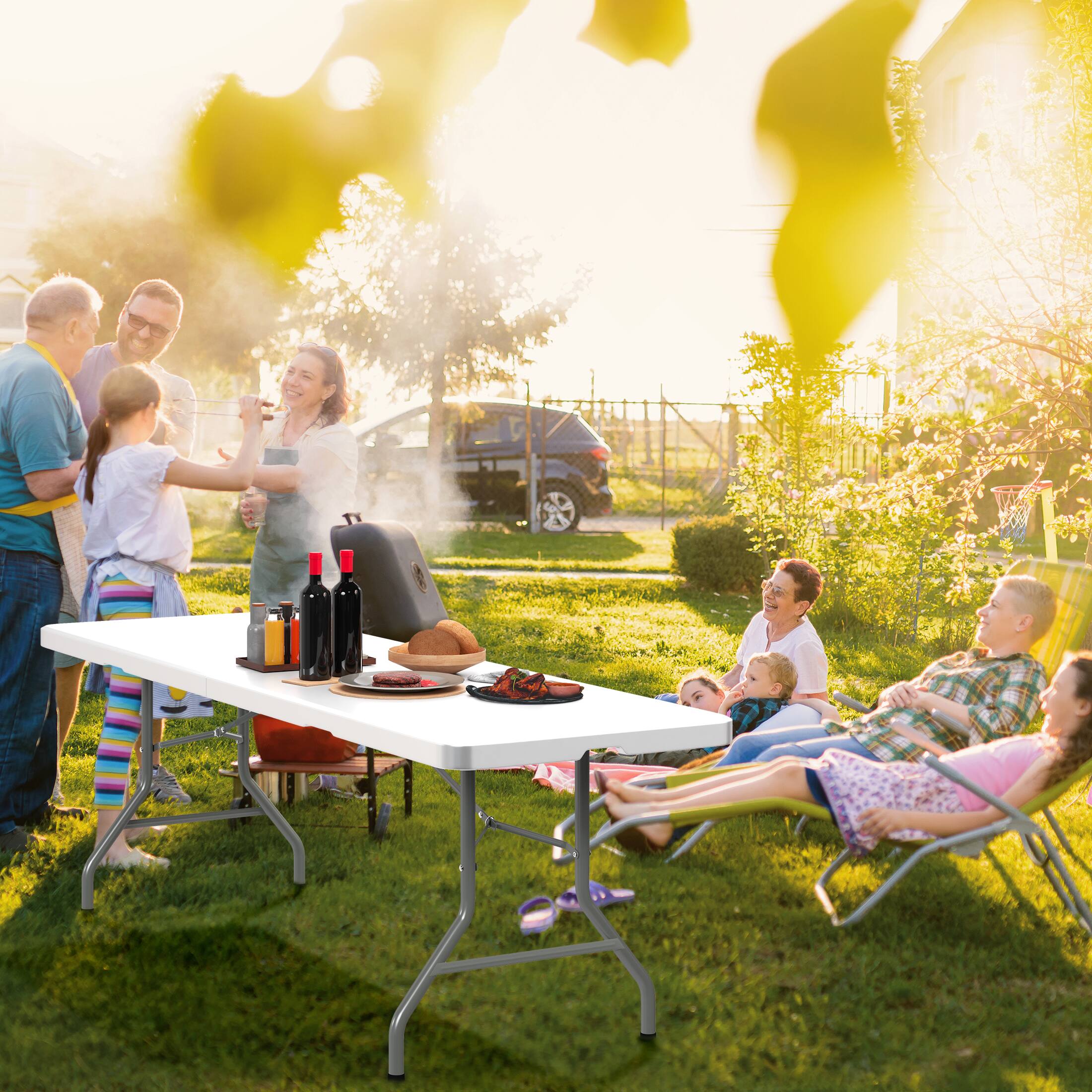 Alt View 4. SKONYON - 8ft Rectangular Folding Plastic Table - White + Gray.