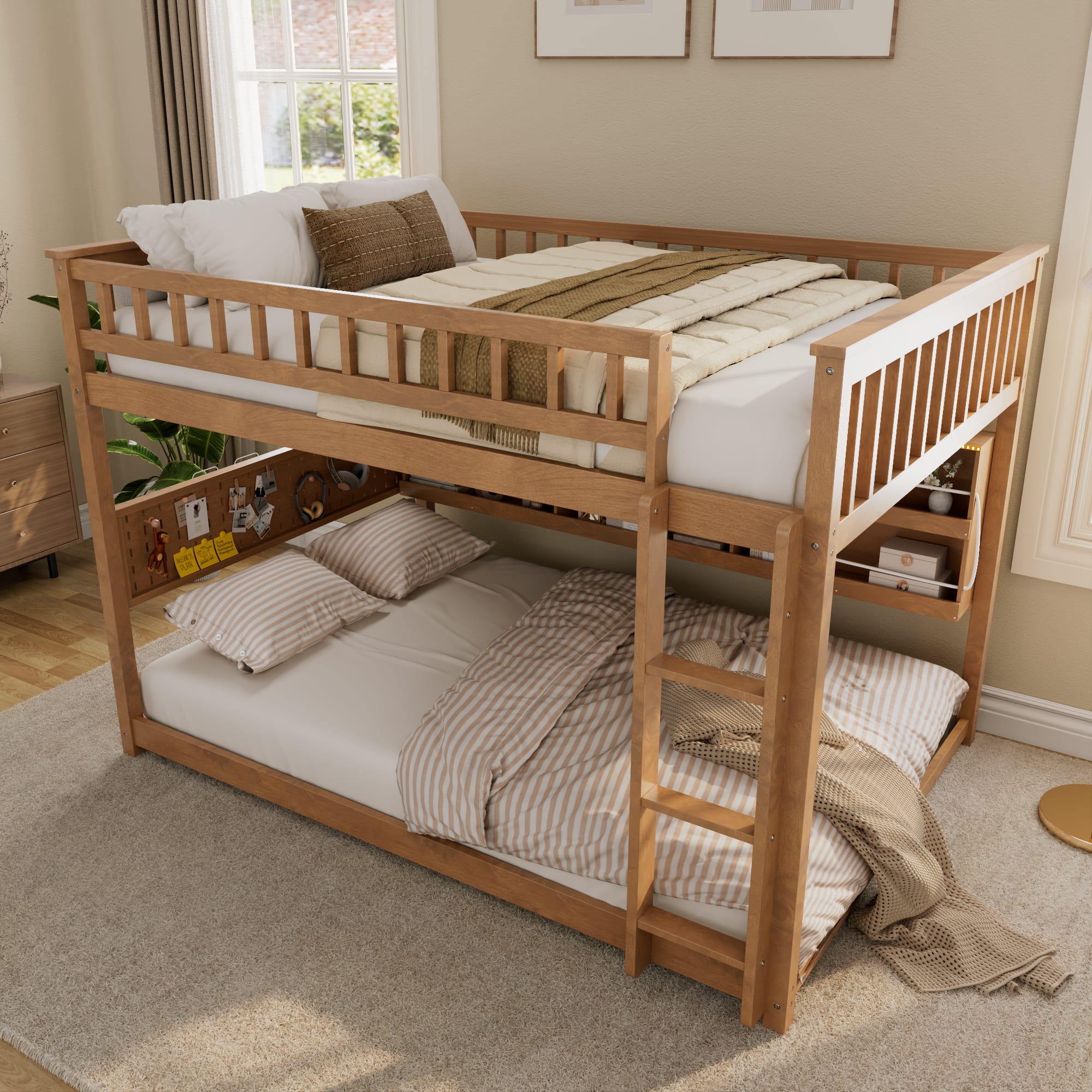 Anysun - Full over Full Bunk Bed with Integrated Shelving, Color-Changing Lights and Pegboard - Brown