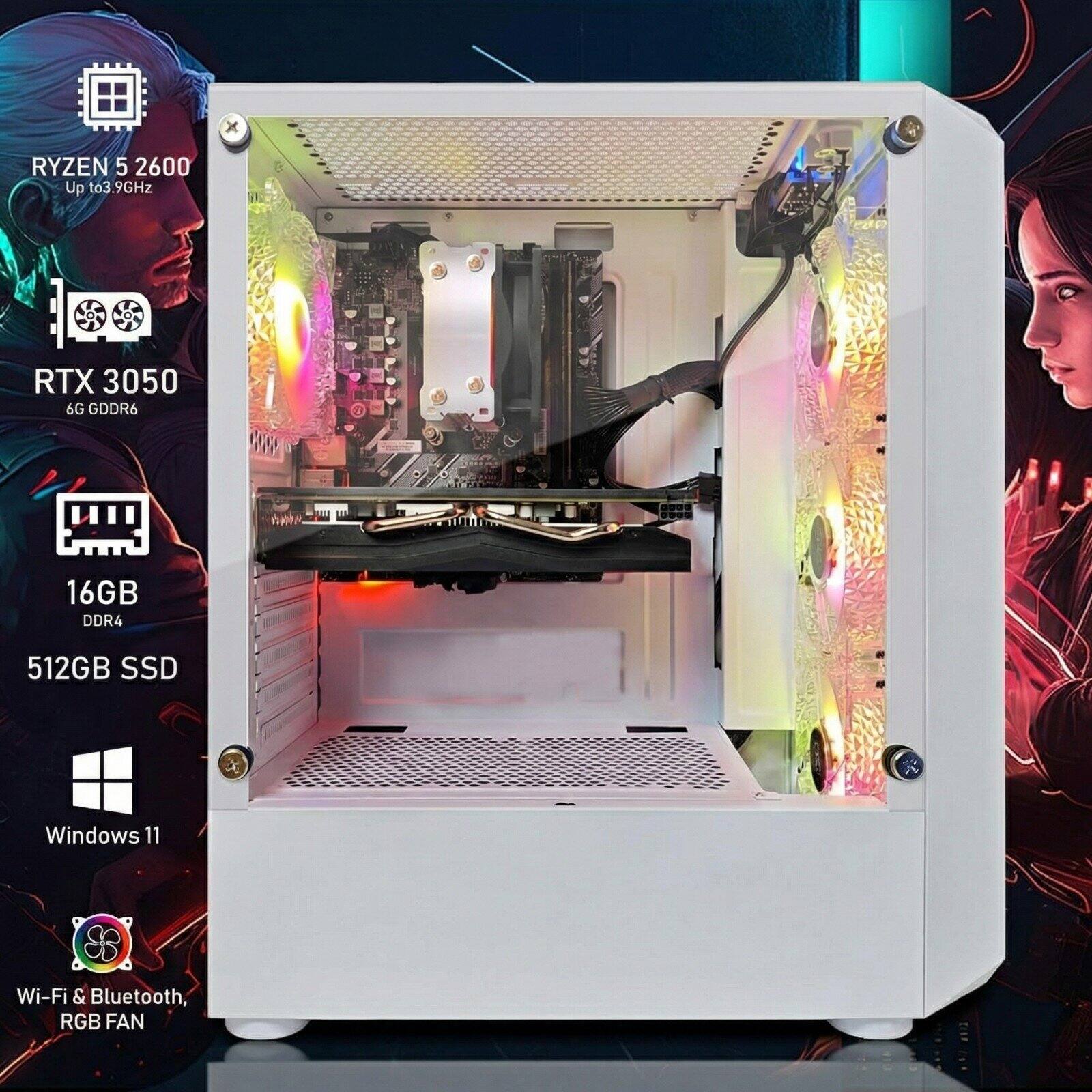 RYZEN 5 2600  
Up to 3.9GHz  
RTX 3050 6G GDDR6  
16GB DDR4  
512GB SSD  
Windows 11  
Wi-Fi & Bluetooth, RGB FAN