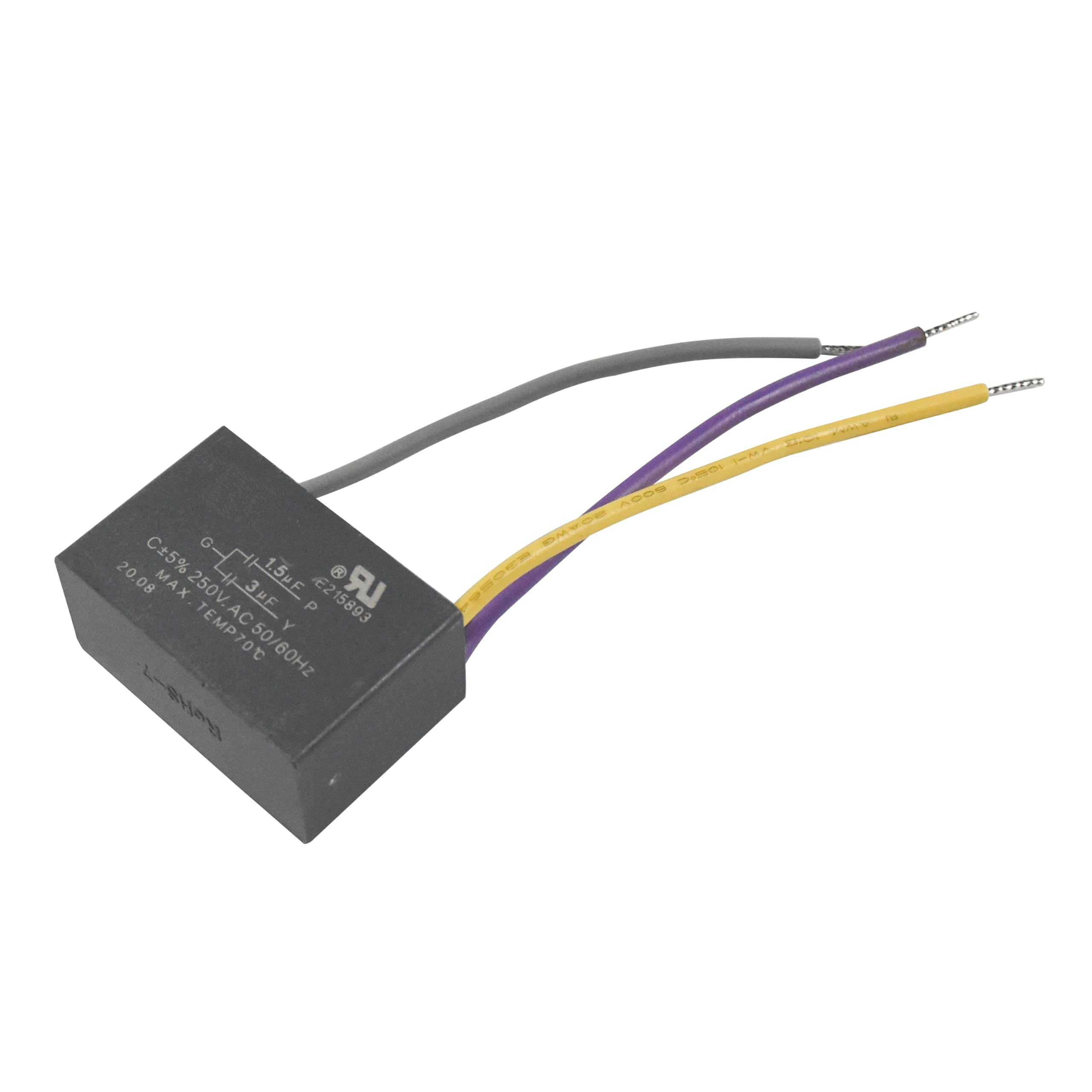 I.OE G 20.08 C5% 1.5F MAX 250V 3 3PF E215893 LR AC P TEMP70 50/60Hz eft-7 O ADD DE GSOES

25% 20.08 1.5F MAX 250V AC 50/60Hz TEMP70°C 3PF E215893 LR