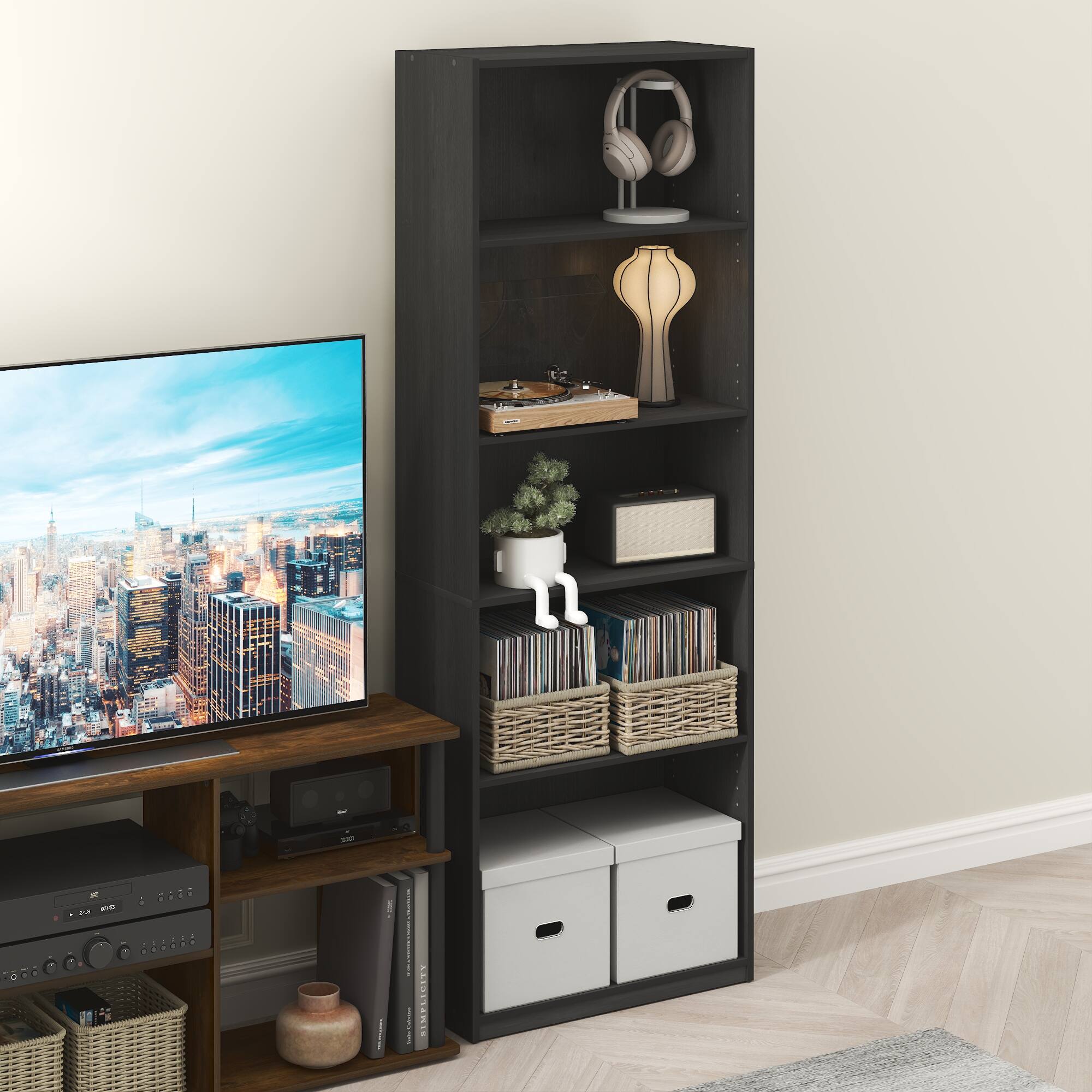 Alt View 1. Furinno - GEHRY 5-Tier Media Storage, CD DVD Media Tower, with Adjustable Shelves, for Living Room, Home Office - Blackwood.