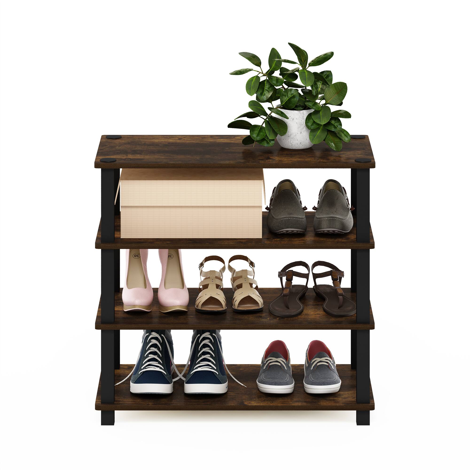 Alt View 4. Furinno - Turn-S-Tube 4-Tier Shoe Rack - Amber Pine/Black.