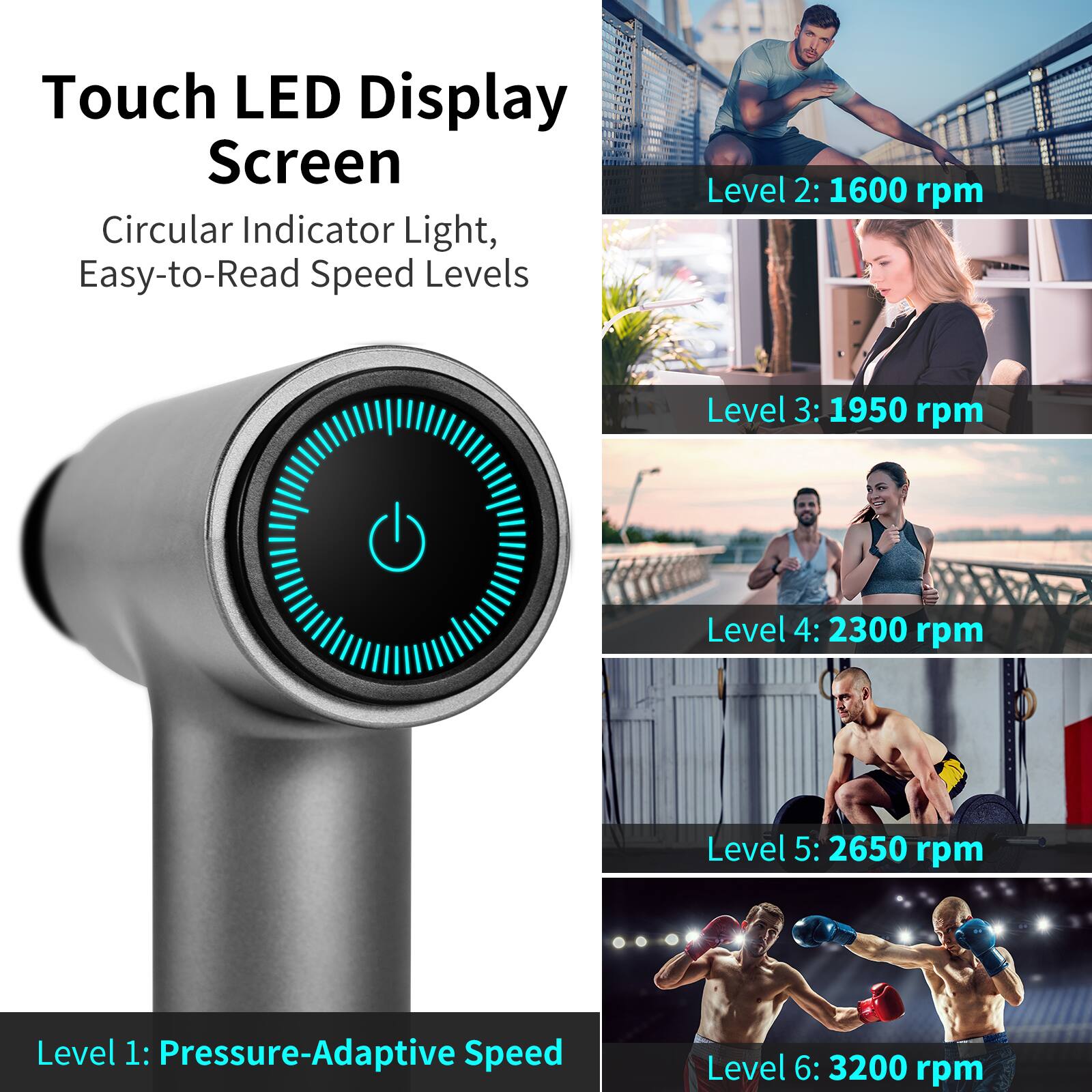 Touch LED Display Screen  
Circular Indicator Light, Easy-to-Read Speed Levels  

Level 1: Pressure-Adaptive Speed  
Level 2: 1600 rpm  
Level 3: 1950 rpm  
Level 4: 2300 rpm  
Level 5: 2650 rpm  
Level 6: 3200 rpm