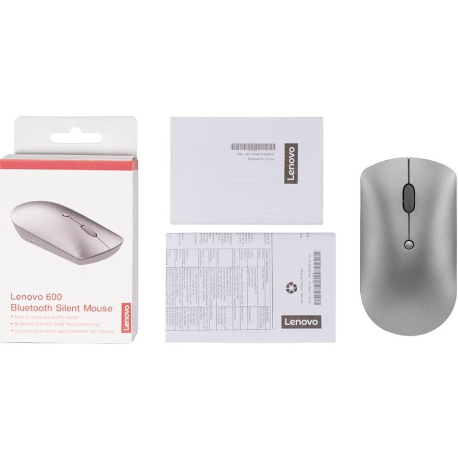 Lenovo 600  
Bluetooth Silent Mouse  
- Easy to carry low profile design  
- Bluetooth 5.0 with Swift Pair connectivity*  
- Connect and switch easily between two devices  

*Printed in China  

Lenovo  
PN: 9S5PAC0X8830  

Lenovo  
PN: 9S5PAC0X8830  
Printed in China  

Lenovo  
PN: 9S5PAC0X8830  
Printed in China  

Lenovo  
PN: 9S5PAC0X8830  
Printed in China  

Lenovo  
PN: 9S5PAC0X8830  
Printed in China  

Lenovo  
PN: 9S5PAC0X8830  
Printed in China  

Lenovo  
PN: 9S5PAC0X8830  
Printed in China  

Lenovo  
PN: 9S5PAC0X8830  
Printed in China  

Lenovo  
PN: 9S5PAC0X8830  
Printed in China  

Lenovo  
PN: 9S