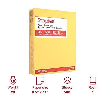 Staples Pastel Copy Paper  
Couleur pastel papier de copie  

20 lb  
500 sheets  
8½" x 11"  

37% Recycled  
Recycle  

Weight: 20 lb  
Paper size: 8.5" x 11"  
Sheets: 500  
Ream: 1
