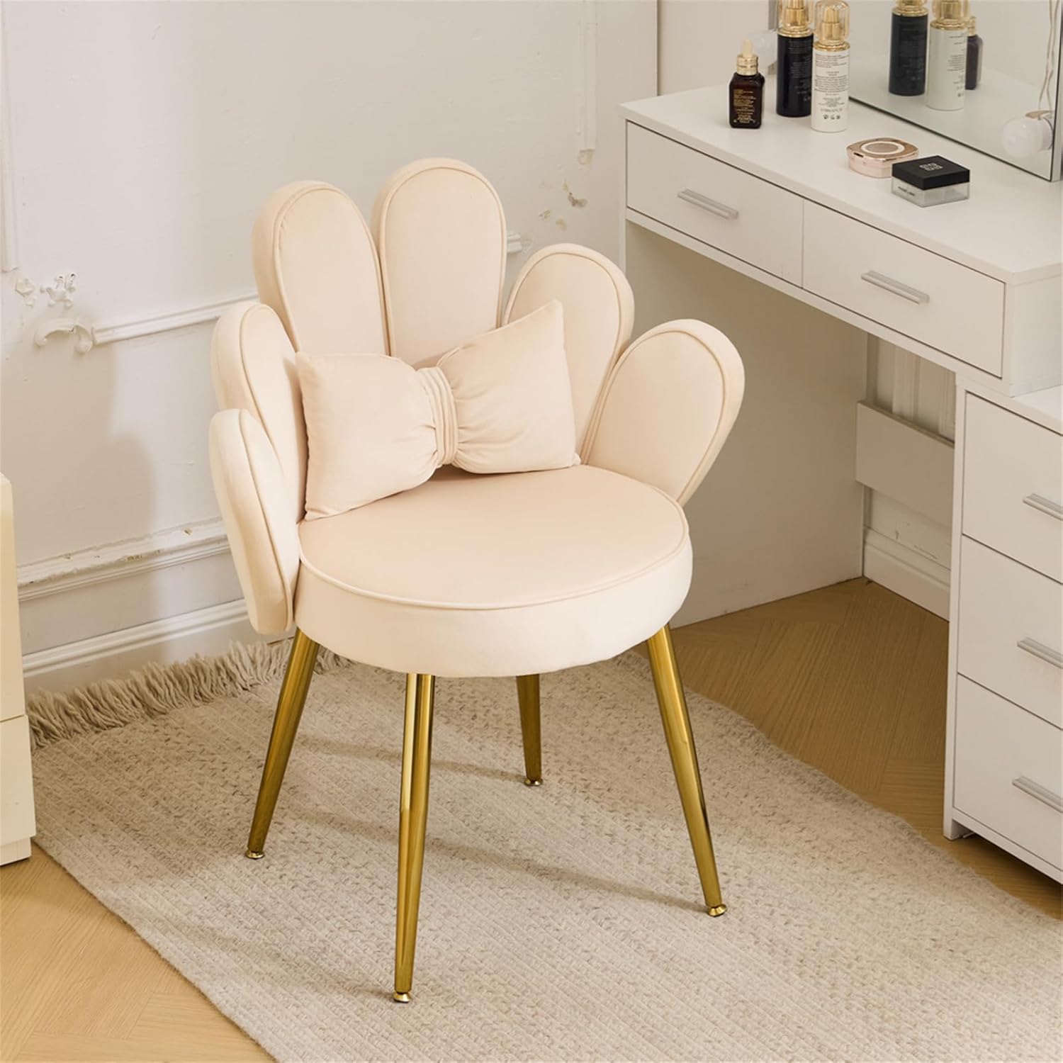 Front. Winado - Girls Petal Flower Velvet Makeup Vanity Chair with Back Comfy Adustable Gold Legs & Bow Pillow for Bedroom Home Office - Beige-velvet.