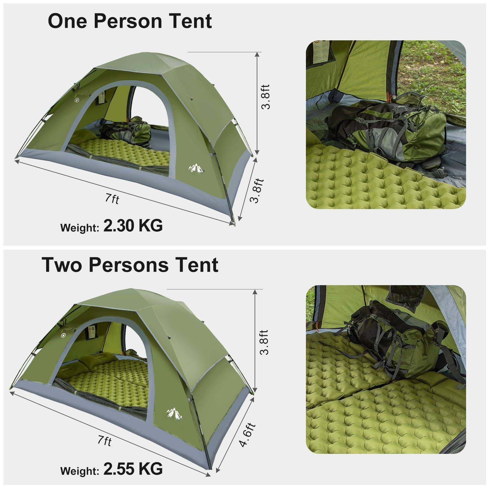 One Person Tent  
3.8ft x 7ft  
Weight: 2.30 KG  

Two Persons Tent  
3.8ft x 7ft  
Weight: 2.55 KG