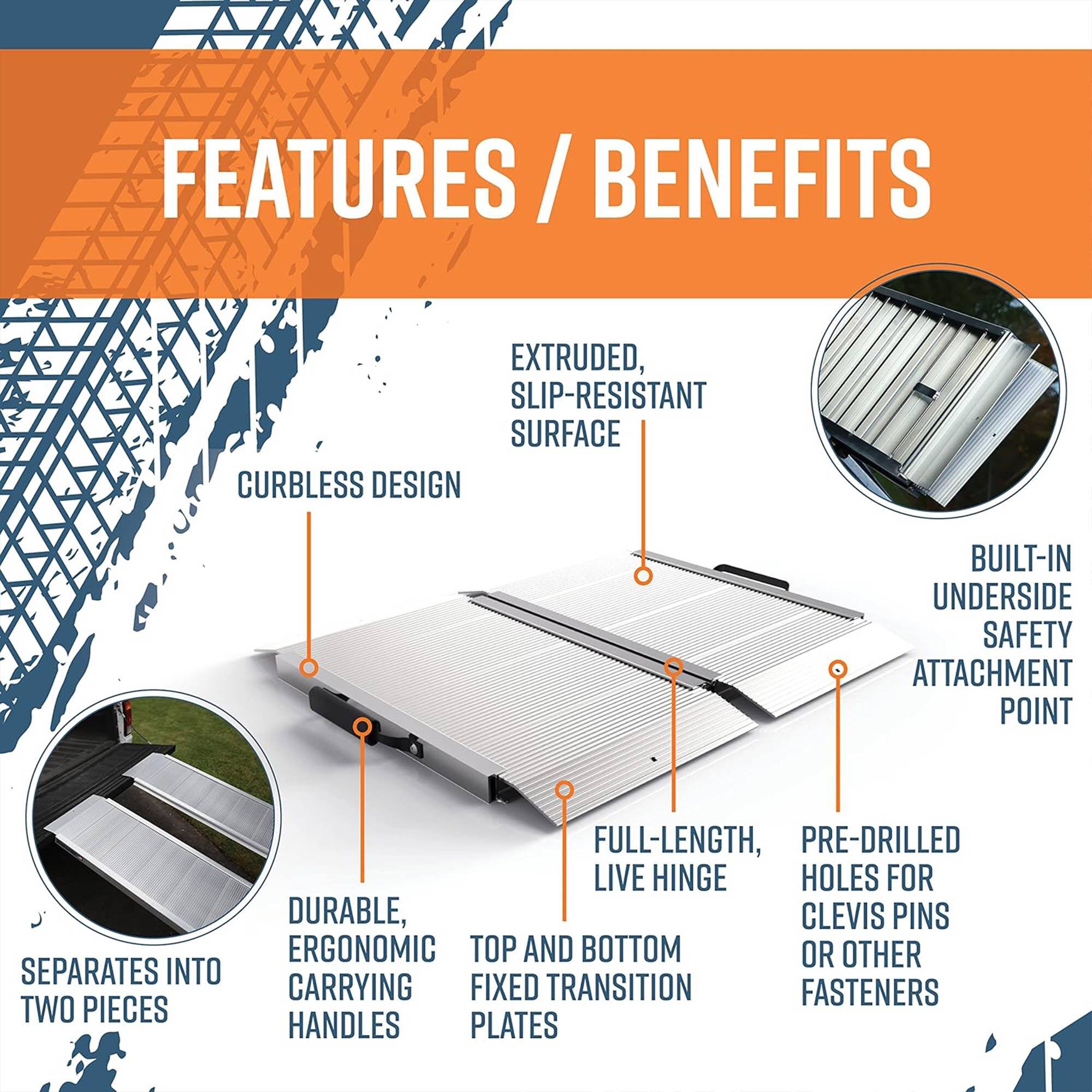 - **Extruded, Slip-Resistant Surface**
- **Curbless Design**
- **Built-in Underside Safety Attachment Point**
- **Full-Length, Live Hinge**
- **Pre-Drilled Holes for Clevis Pins or Other Fasteners**
- **Top and Bottom Fixed Transition Plates**
- **Durable, Ergonomic Carrying Handles**
- **Separates into Two Pieces**