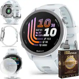 Bundle - Garmin - Forerunner 170 GPS Smartwatch 43 mm Fiber-Reinforced polymer + Screen Protector & 26-Month Extended Warranty Protection - Whitestone/Cloud Blue - (2026)