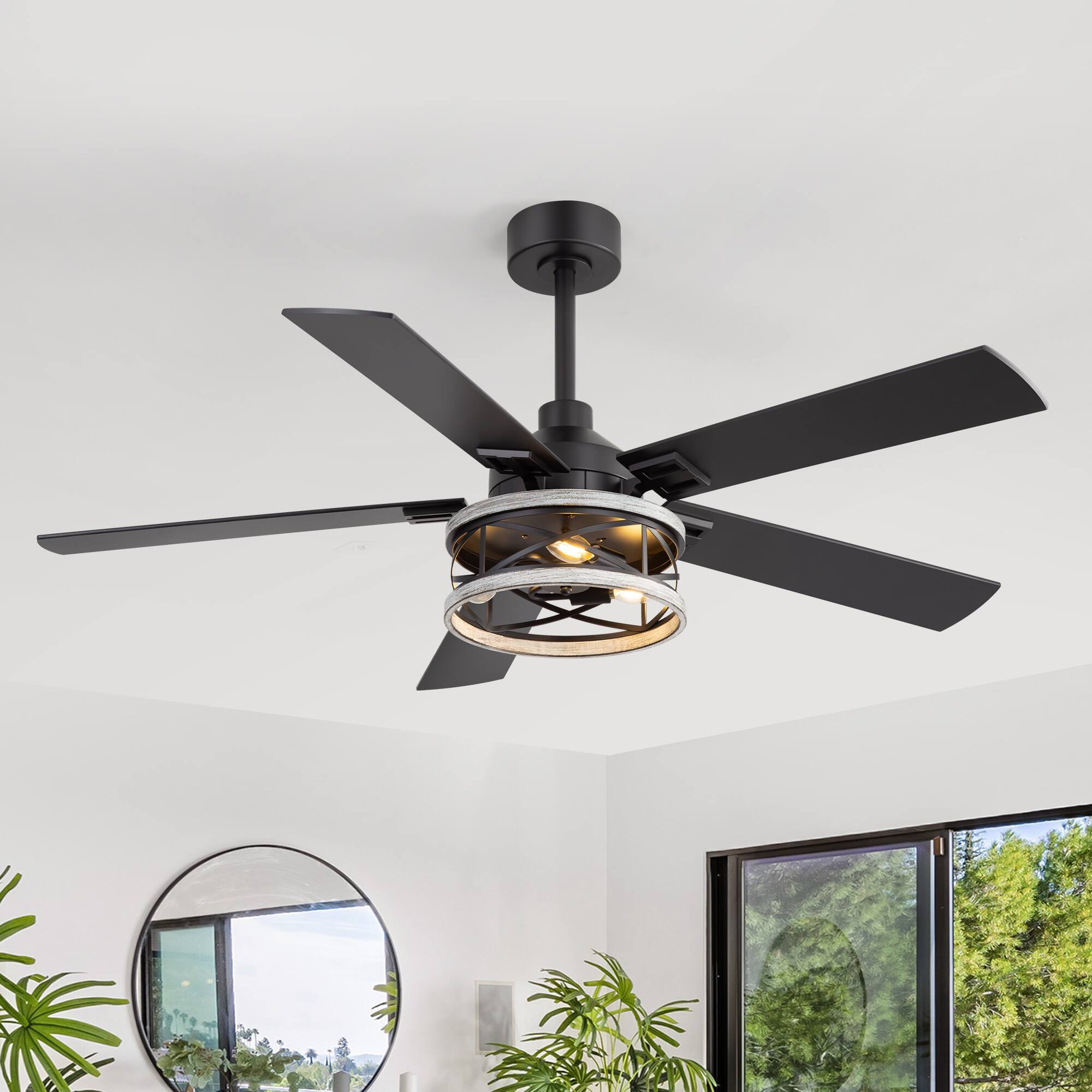 Left. Breezary - 52-Inch Ceiling Fan with Light, 5 Reversible Blades, E12 Bulb Base, DC Motor, Includes two Downrods - black.