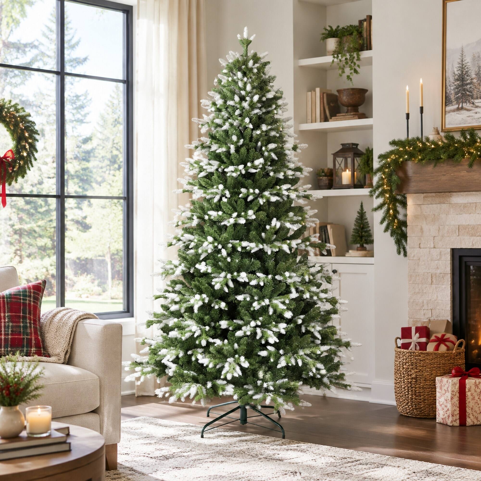 Back. RYHNUYNE - 6FT White-Tipped Artificial Christmas Tree With 1742 PE and PVC Tips and Hinged Branches, Metal Stand - Green.