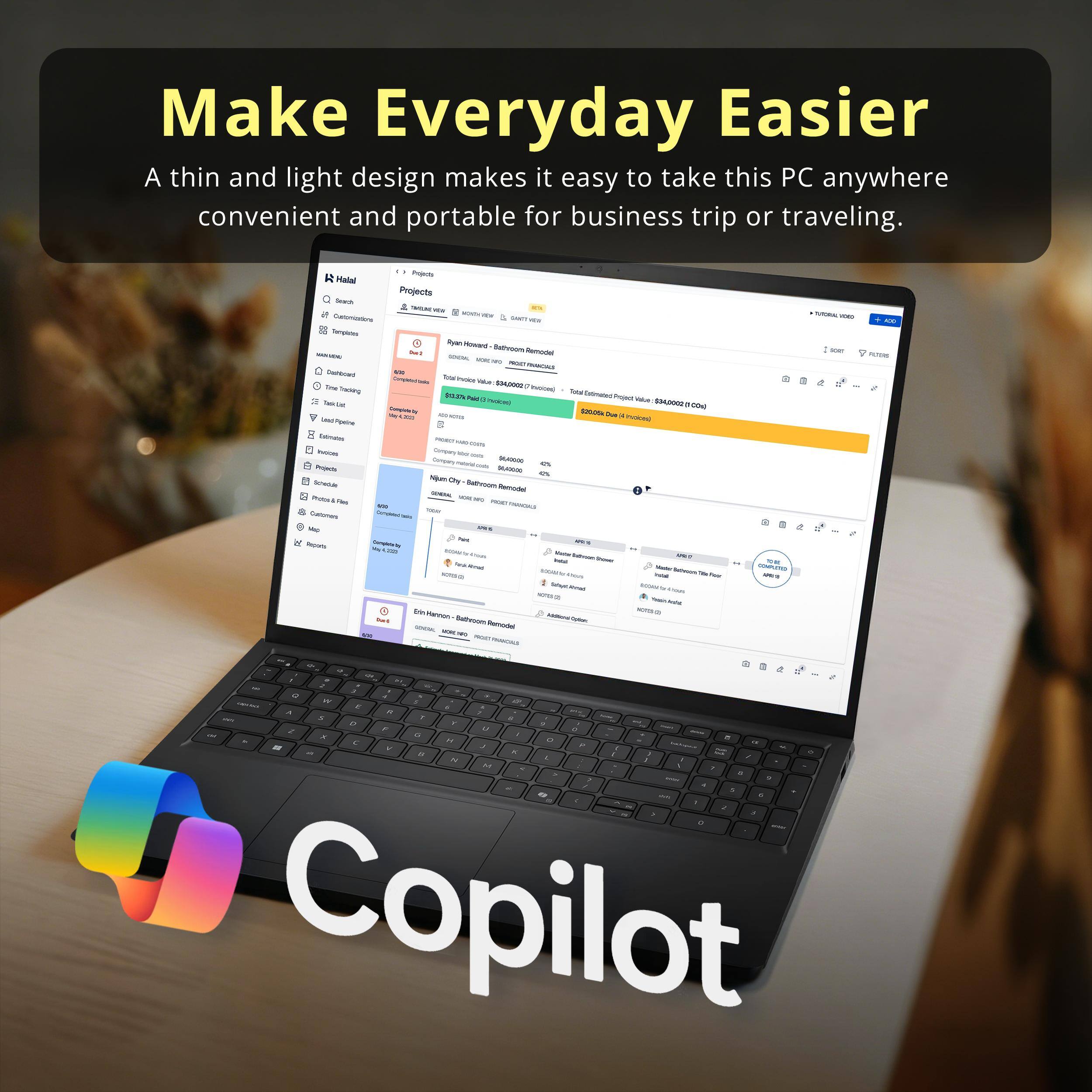 Make Everyday Easier  
A thin and light design makes it easy to take this PC anywhere convenient and portable for business trip or traveling.  

Pan Halal Projects  

Copilot