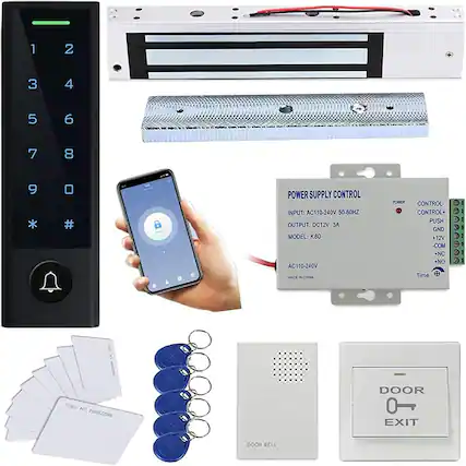 **POWER SUPPLY CONTROL**
- INPUT: AC110-240V 50-60HZ
- OUTPUT: DC12V 3A
- MODEL: K80
- MADE IN CHINA
**CONTROL**
- POWER
- CONTROL+
- CONTROL-
- PUSH
- GND
- +12V
- COM
- NC
- NO
**DOOR BELL**
- DOOR 0 EXIT
**DOOR BELL**
**RFID CARDS**
- IC911 IC92 - F58820009
**DOOR BELL**