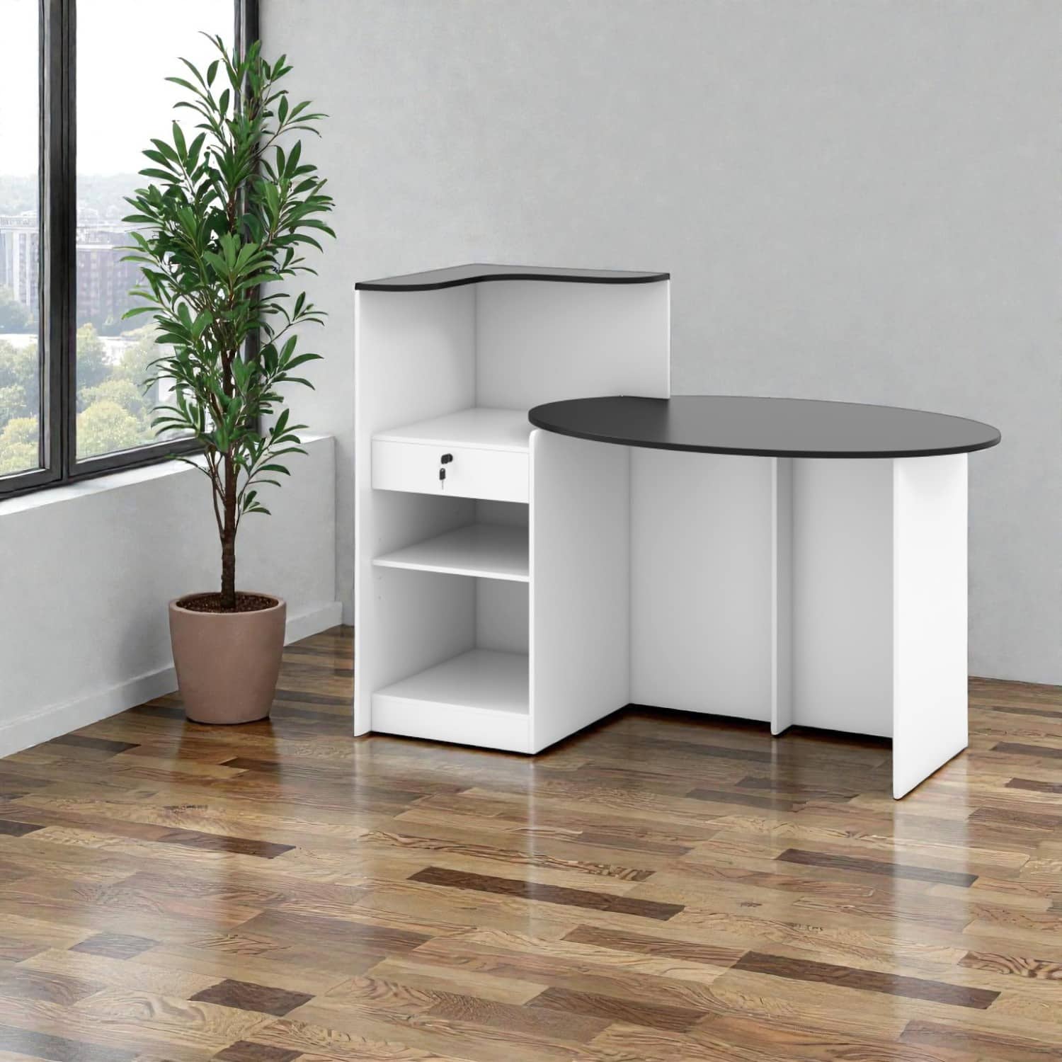 Hivvago - Modern Office Front Desk with Rounded Oval Workspace - Black