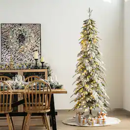 Glitzhome - 7.5ft Pre-Lit Flocked Pencil Spruce Artificial Christmas Tree with 350 Warm Lights - White