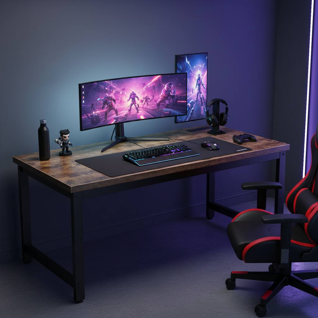 Alt View 2. ZUQIETA - ZUQIETA Office Desk with Power Outlets & USB-C - 55"x24" Heavy Duty Metal Frame, Rustic Brown - Rustic Brown.