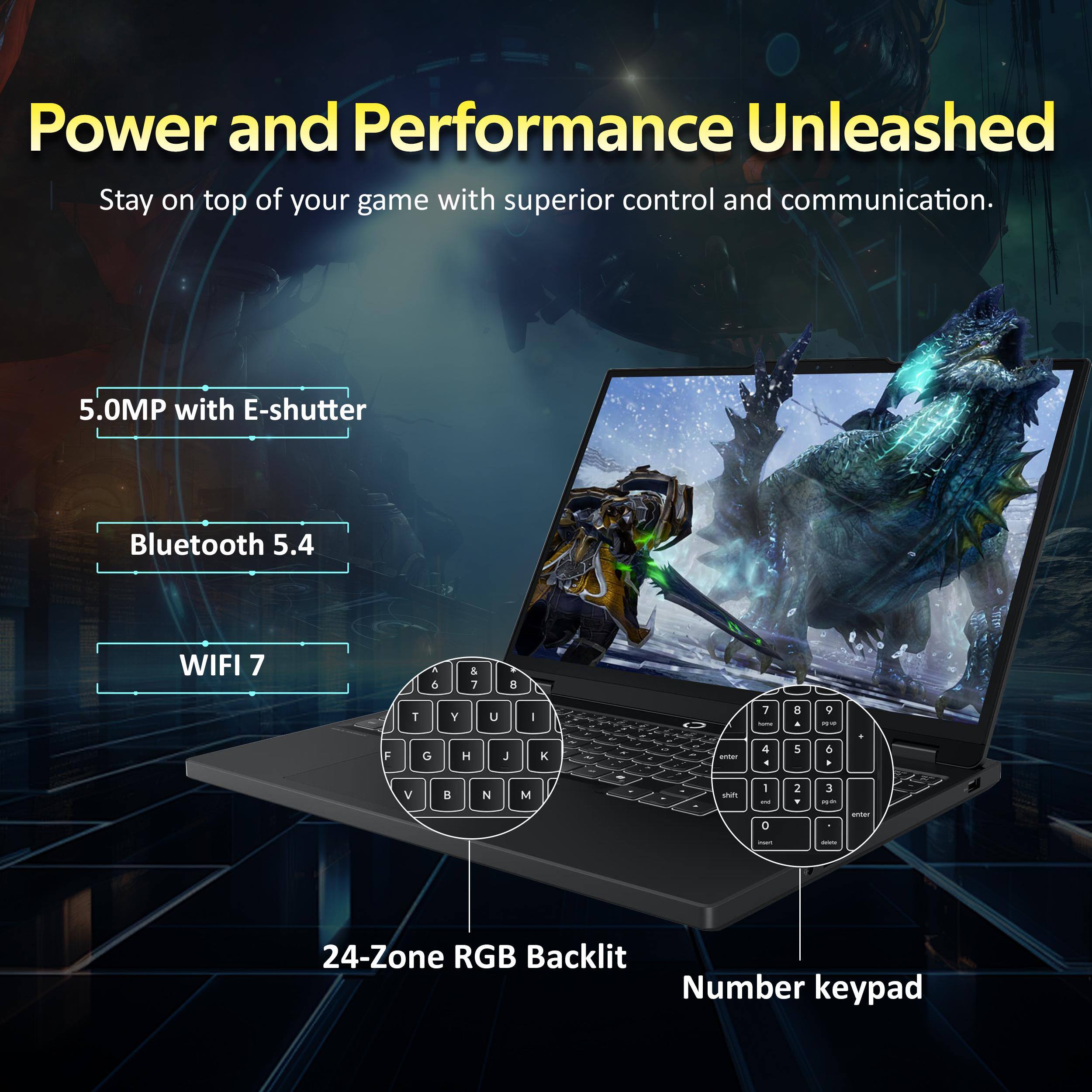 Power and Performance Unleashed  
Stay on top of your game with superior control and communication.

- 5.0MP with E-shutter
- Bluetooth 5.4
- WIFI 7
- 24-Zone RGB Backlit
- Number keypad