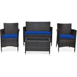 Pefilos - 4 Pieces Padded Outdoor Rattan Sofa Set, Wicker Furniture Sets, Patio Conversation Sets with Washable Cushions - Blue