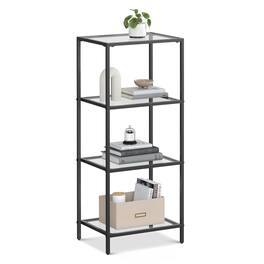 Songmics Home - Bookcase, 4-Tier Bookshelf, Slim Shelving Unit for Bedroom, Bathroom, Home Office, Tempered Glass, Steel Frame - Ink Black