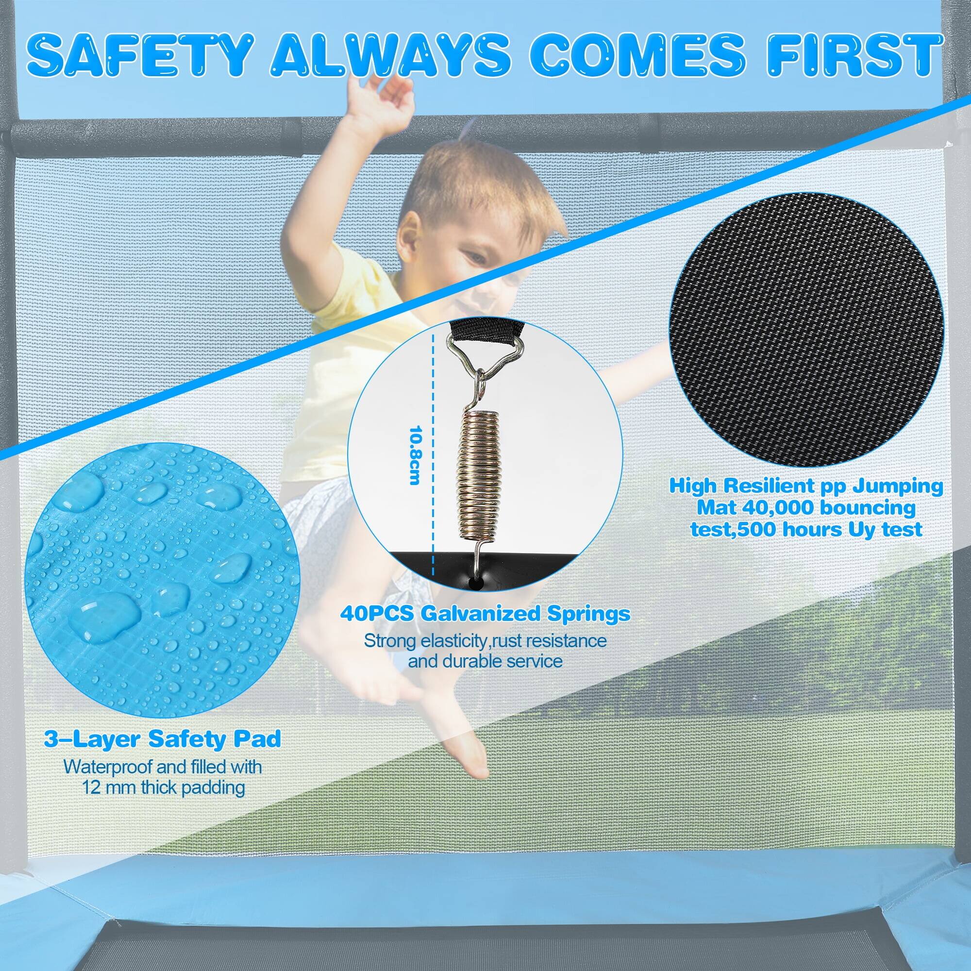 SAFETY ALWAYS COMES FIRST

10.8cm High Resilient PP Jumping Mat
- 40,000 bouncing test
- 500 hours UV test

40 PCS Galvanized Springs
- Strong elasticity
- Rust resistance
- Durable service

3-Layer Safety Pad
- Waterproof
- Filled with 12 mm thick padding