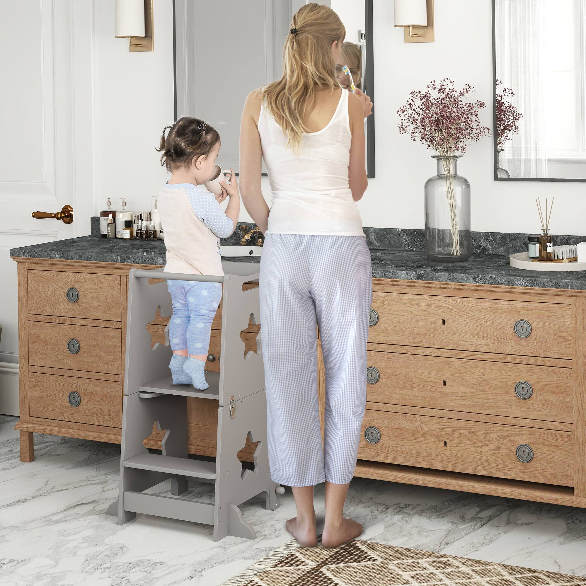 Angle. Qaba - 2 in 1 Toddler Tower, Toddler Step Stool, Kids Kitchen Stool Helper with Safety Rail, Sink, Kitchen & Counter Step Stool - Gray.