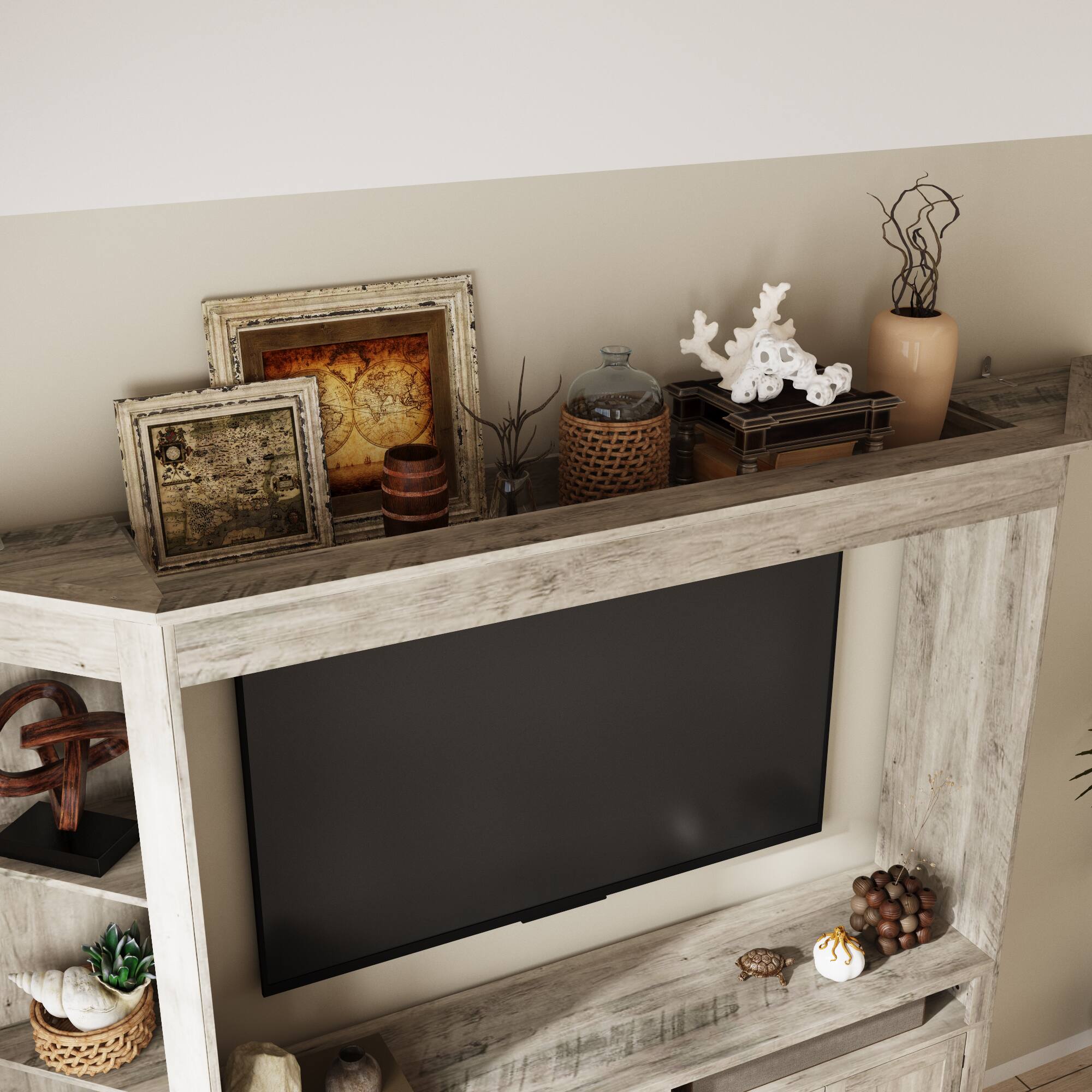 Back. Famapy - 100-Inch Wide TV Stand for 70-Inch TV, Heavy-Duty Farmhouse Entertainment Center with Storage for Living Room - Gray.